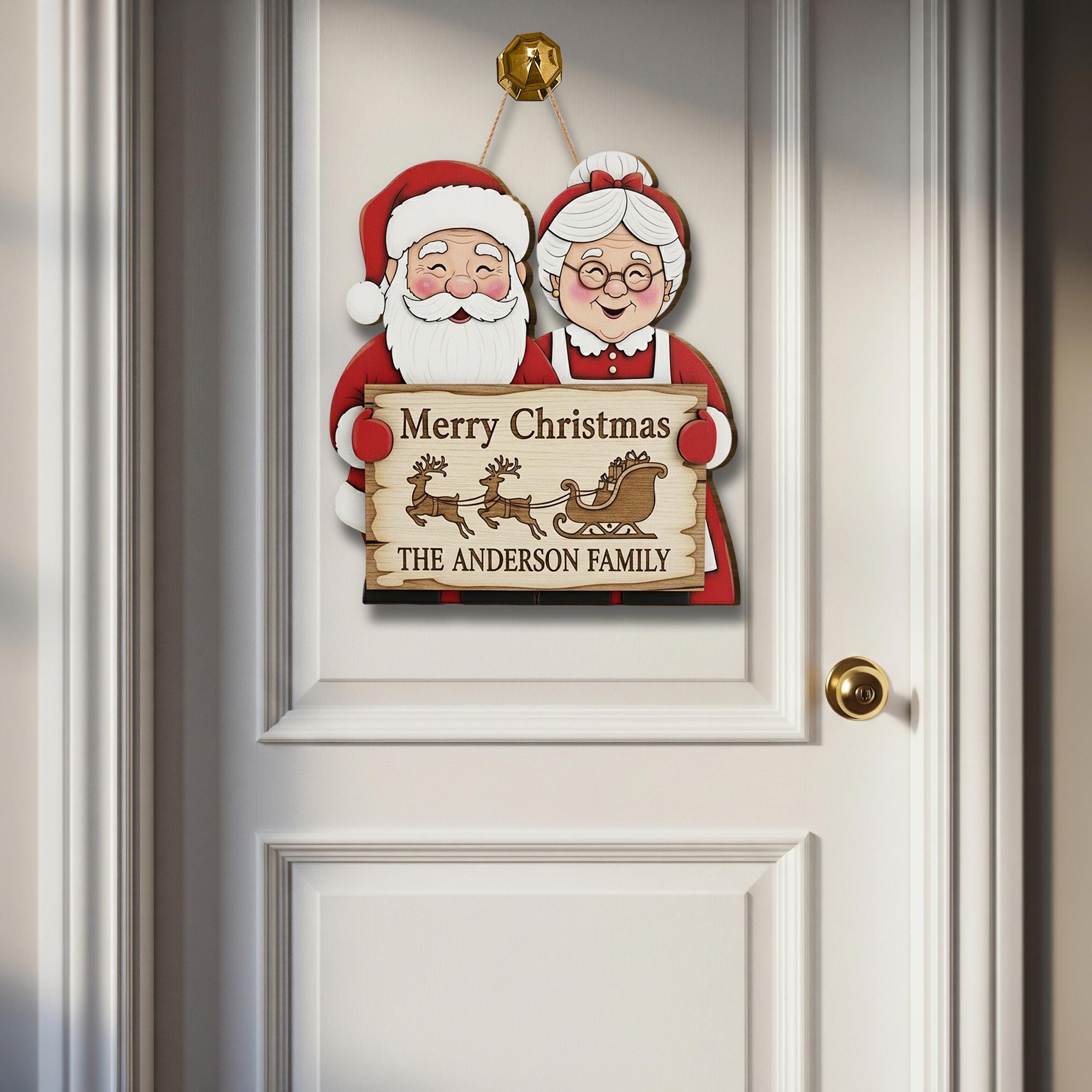 Personalized Wooden Christmas Sign, Santa & Mrs Claus Family Name Plaque, Holiday Door Hanger, Custom Christmas Decoration