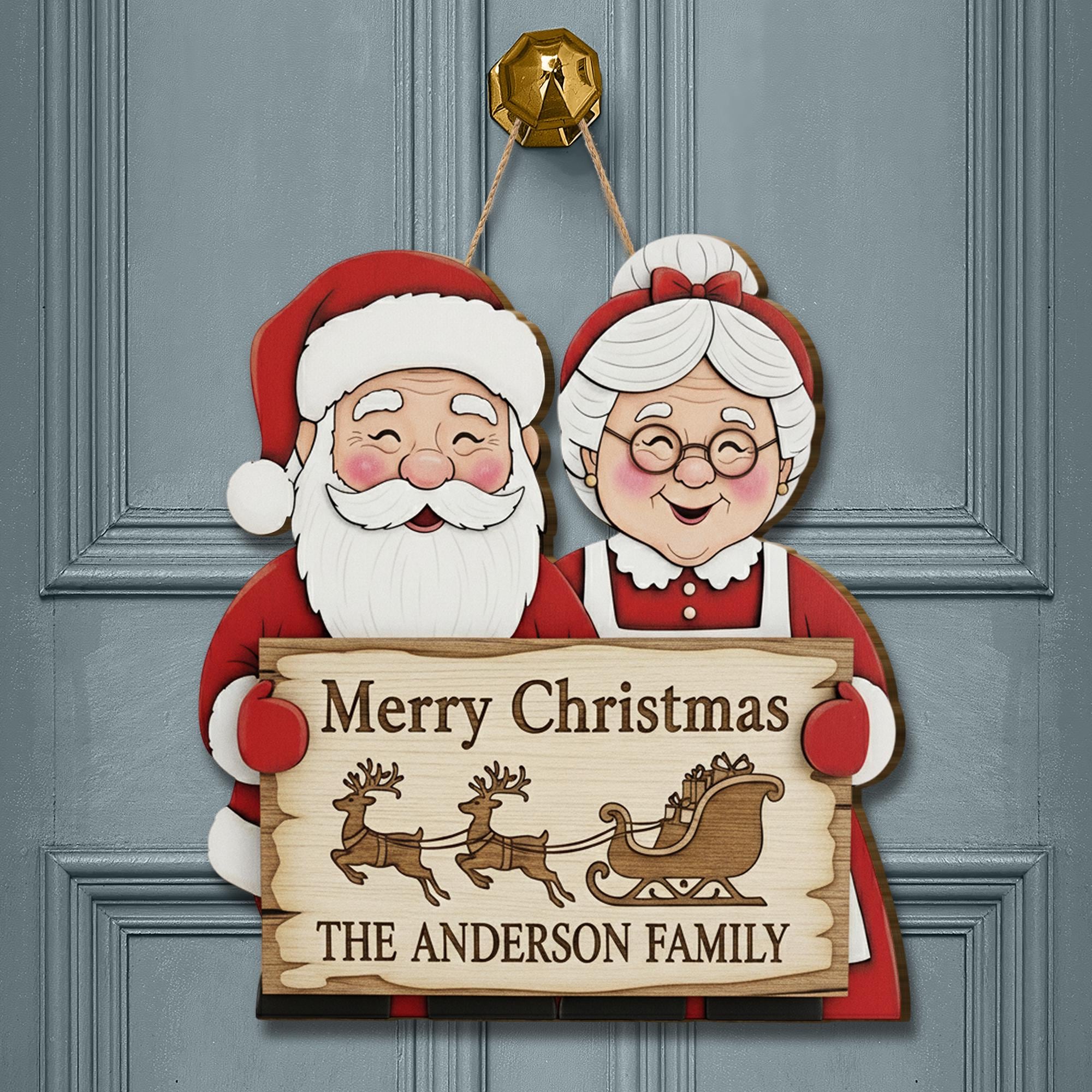 Personalized Wooden Christmas Sign, Santa & Mrs Claus Family Name Plaque, Holiday Door Hanger, Custom Christmas Decoration