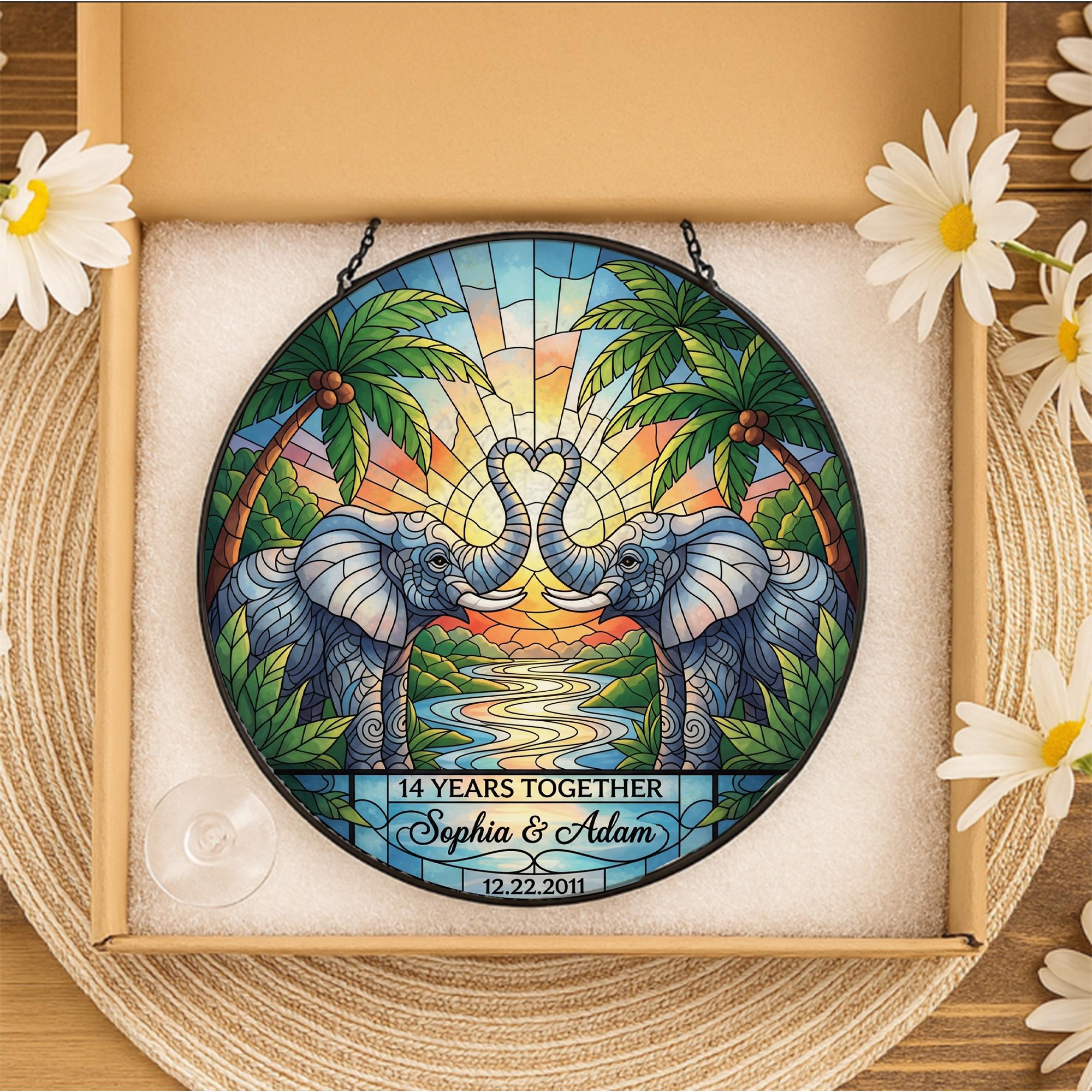 Personalized Elephant Suncatcher – Ivory Anniversary Gift, Custom Glass Sun Catcher for Couple, Wedding Decor