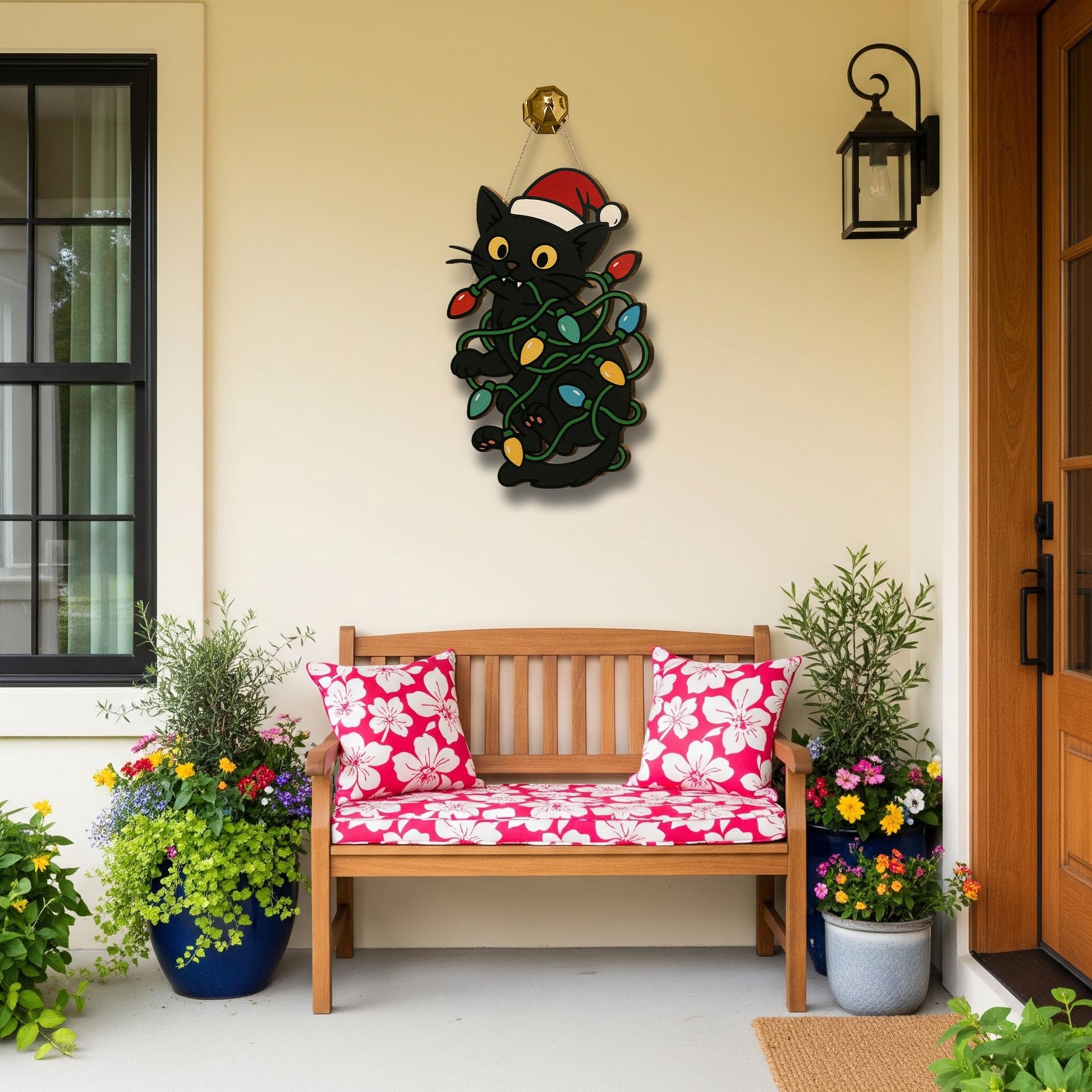 Black Cat Christmas Door Hanger - Wooden Holiday Sign with Santa Hat & Lights, Cute Cat Lover Christmas Decoration