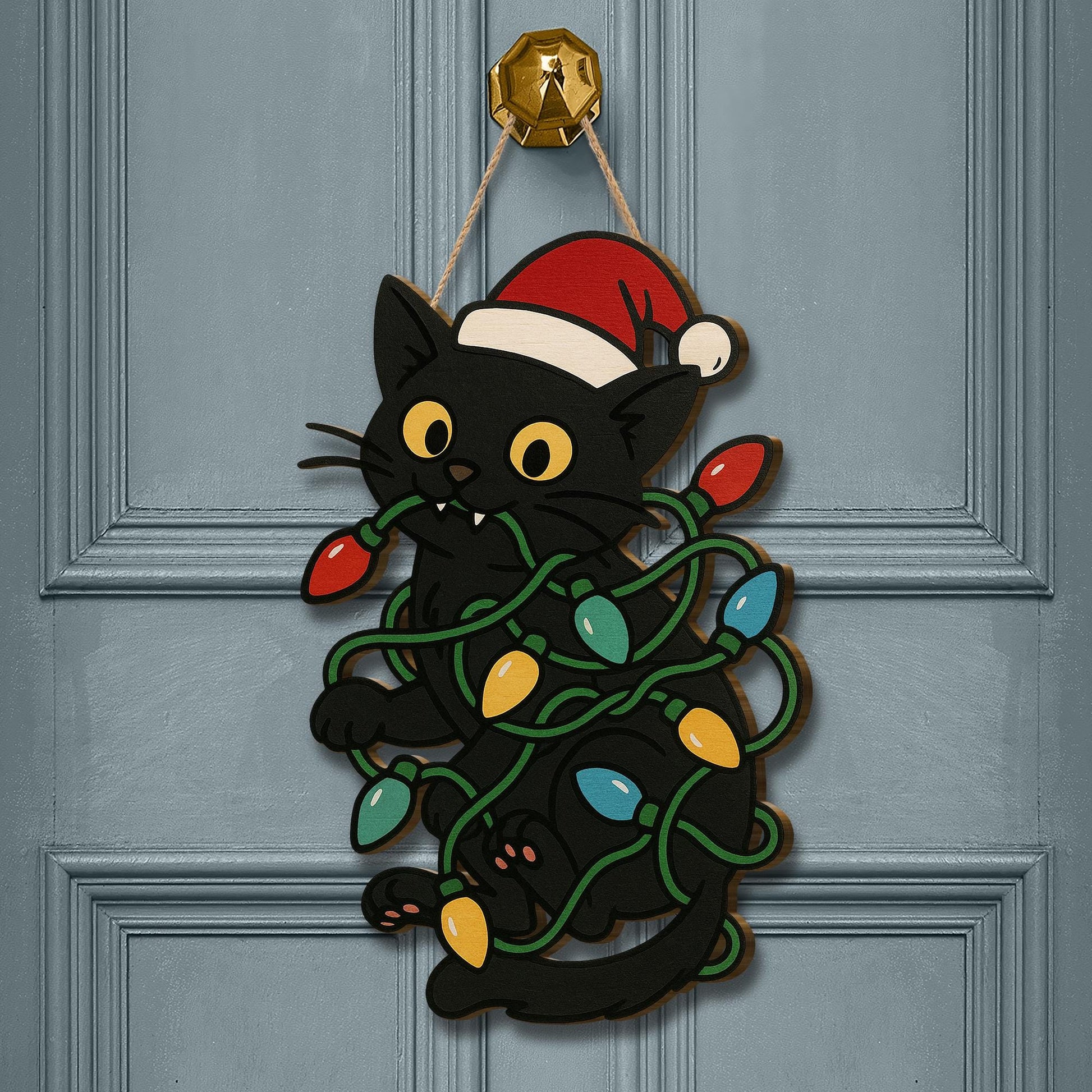 Black Cat Christmas Door Hanger - Wooden Holiday Sign with Santa Hat & Lights, Cute Cat Lover Christmas Decoration