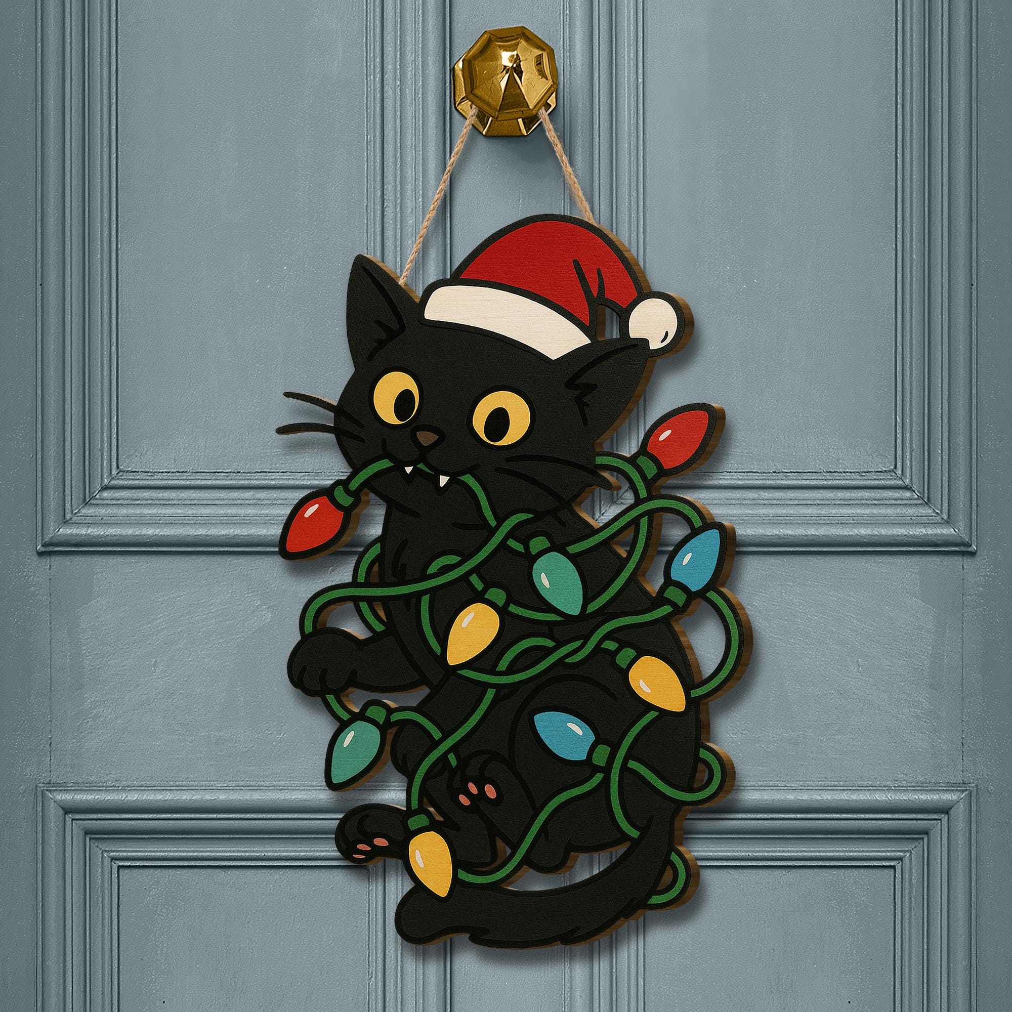 Black Cat Christmas Door Hanger - Wooden Holiday Sign with Santa Hat & Lights, Cute Cat Lover Christmas Decoration