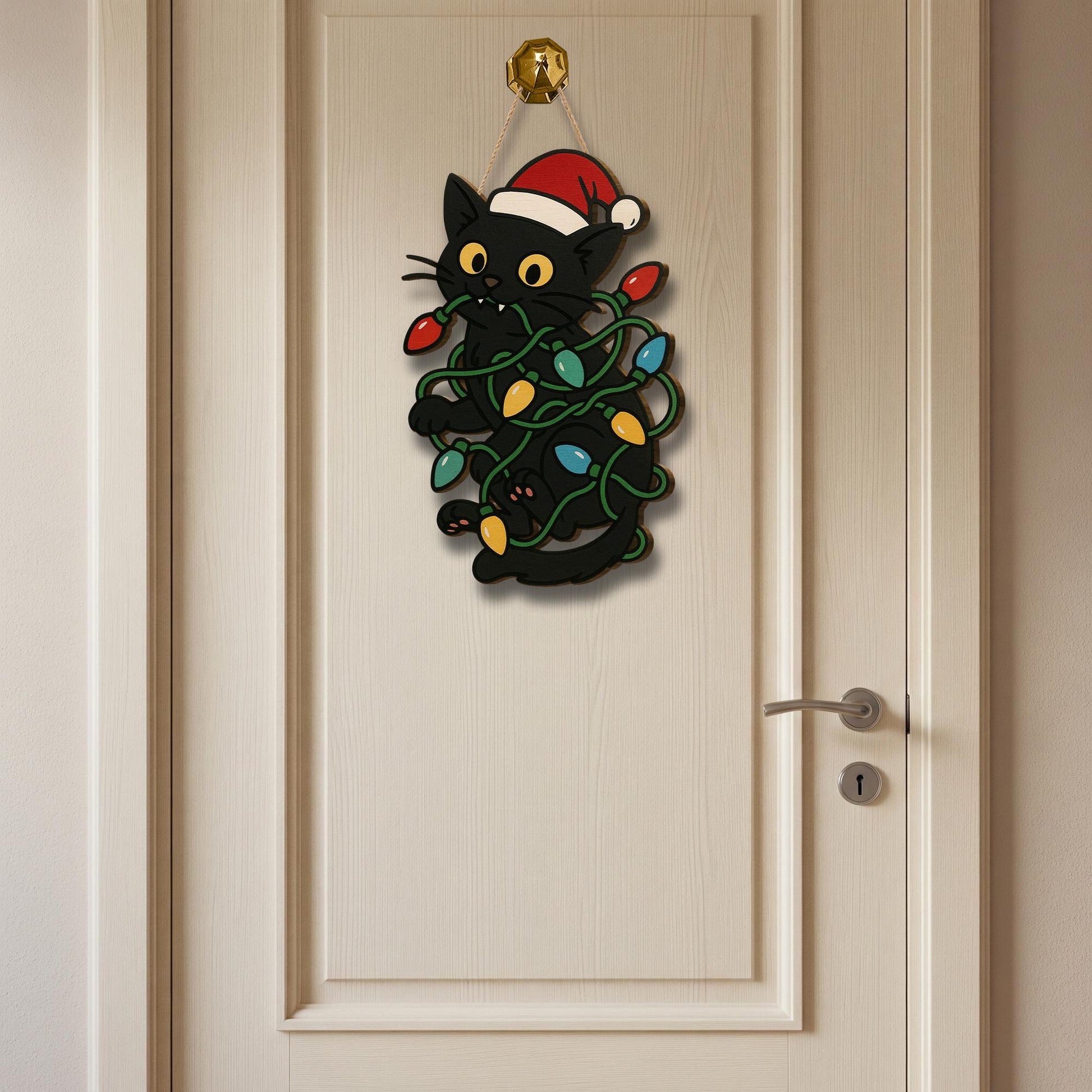 Black Cat Christmas Door Hanger - Wooden Holiday Sign with Santa Hat & Lights, Cute Cat Lover Christmas Decoration