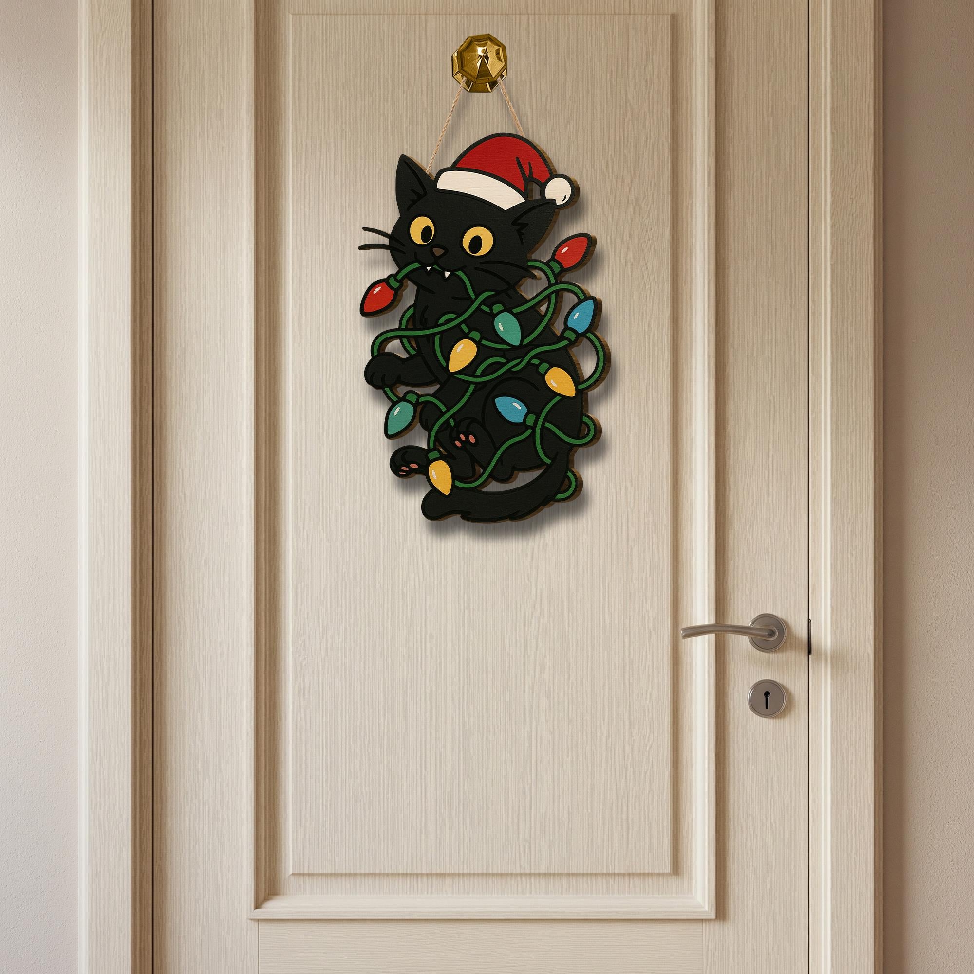 Black Cat Christmas Door Hanger - Wooden Holiday Sign with Santa Hat & Lights, Cute Cat Lover Christmas Decoration