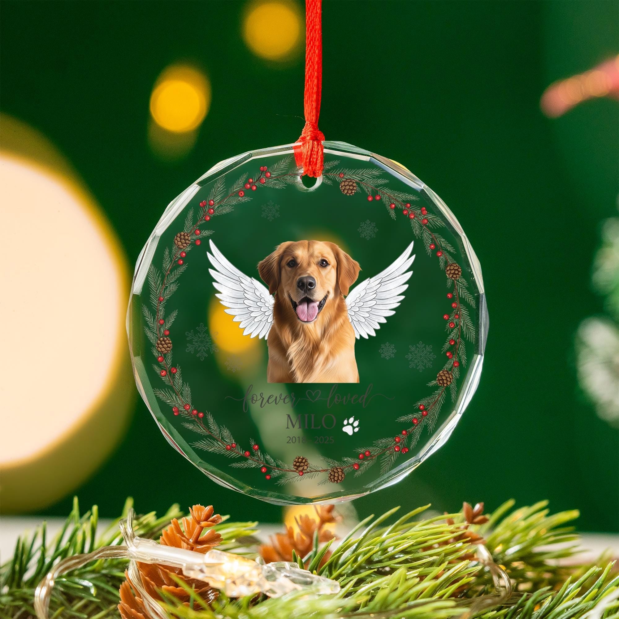 Personalized Pet Memorial Ornament – Custom Dog Loss Gift with Photo & Angel Wings, Forever Loved Glass Ornament Keepsake