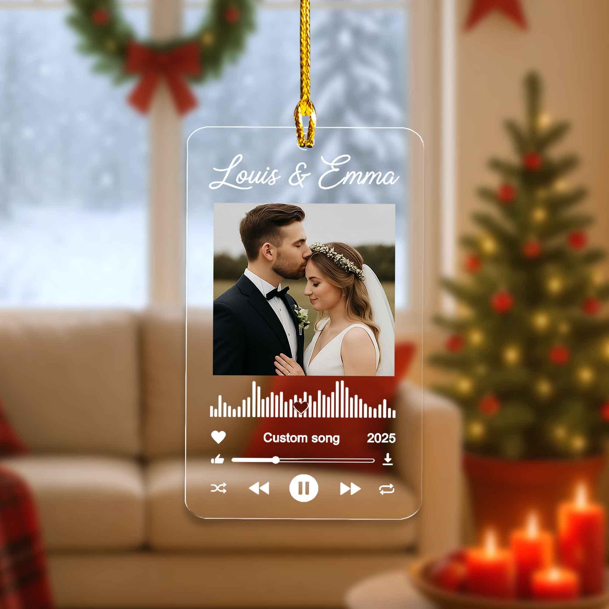 Personalized Wedding Photo Ornament: Acrylic Christmas Keepsake with Song