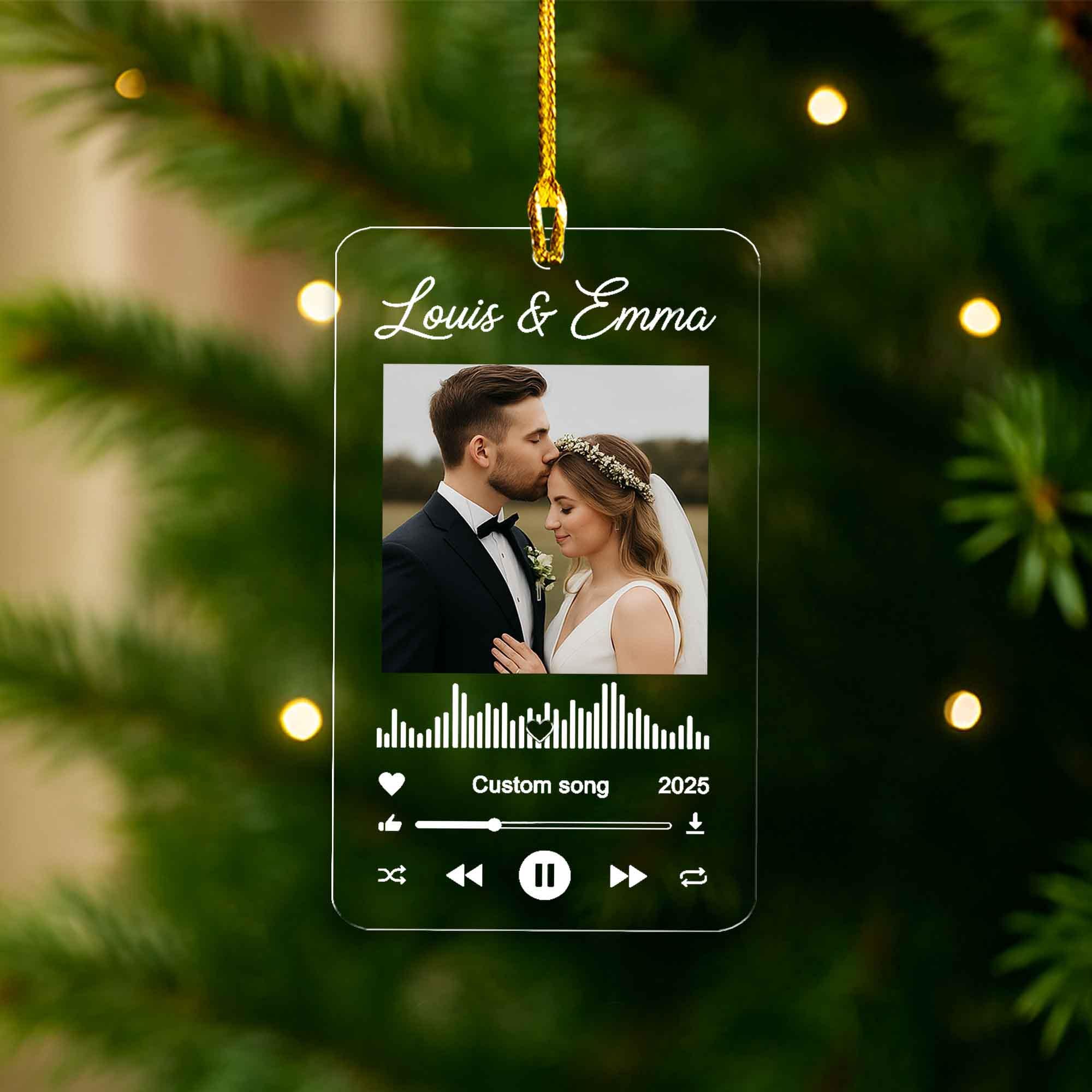 Personalized Wedding Photo Ornament: Acrylic Christmas Keepsake with Song