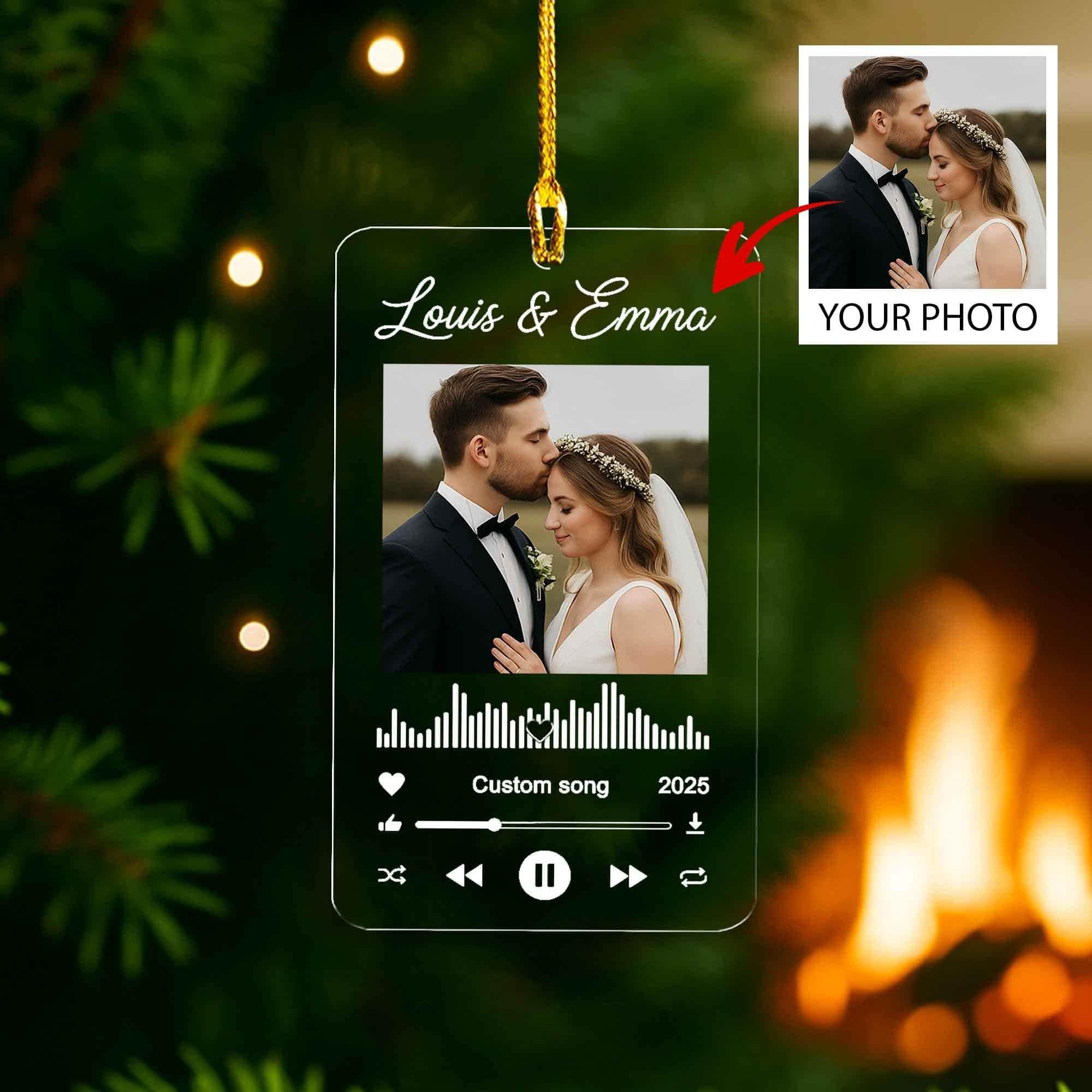 Personalized Wedding Photo Ornament: Acrylic Christmas Keepsake with Song