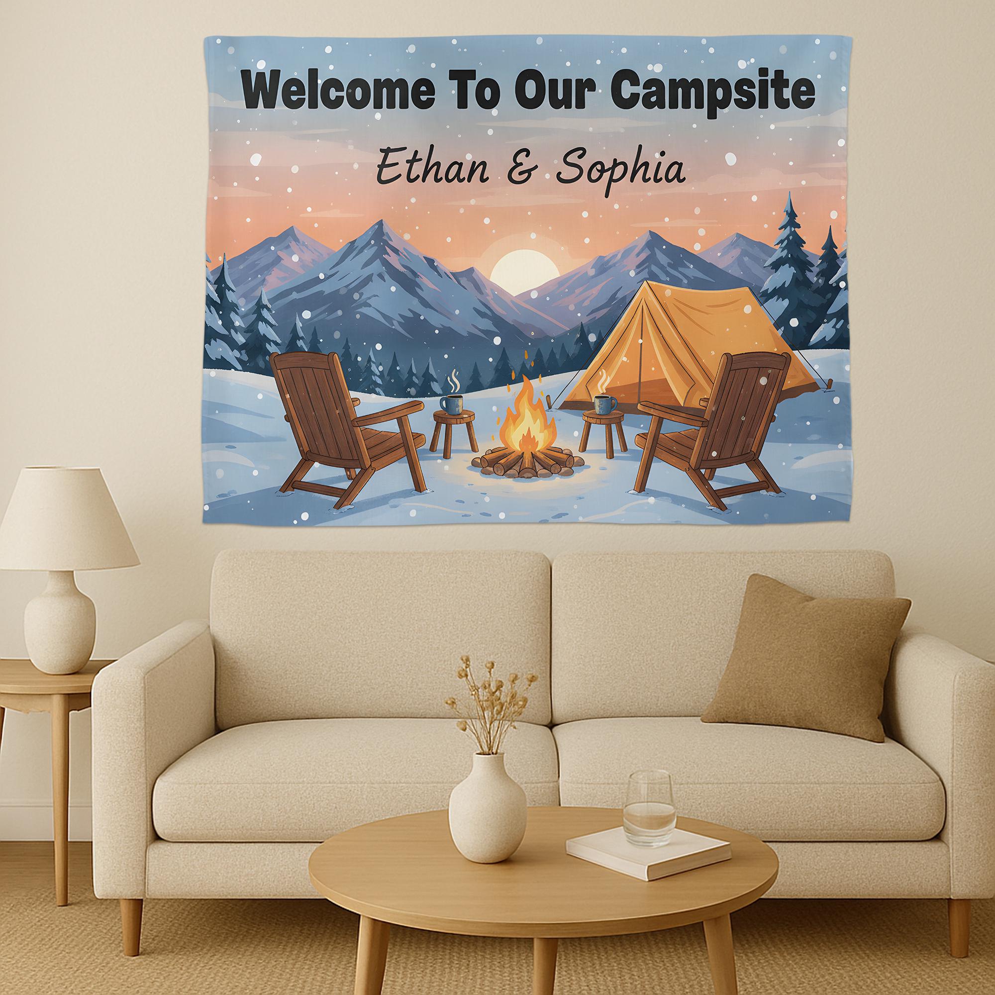 Personalized Welcome To Our Campsite Tapestry, Custom Couple Name Sign, Winter Mountain Wall Hanging, Decor for RV, Camper Gift
