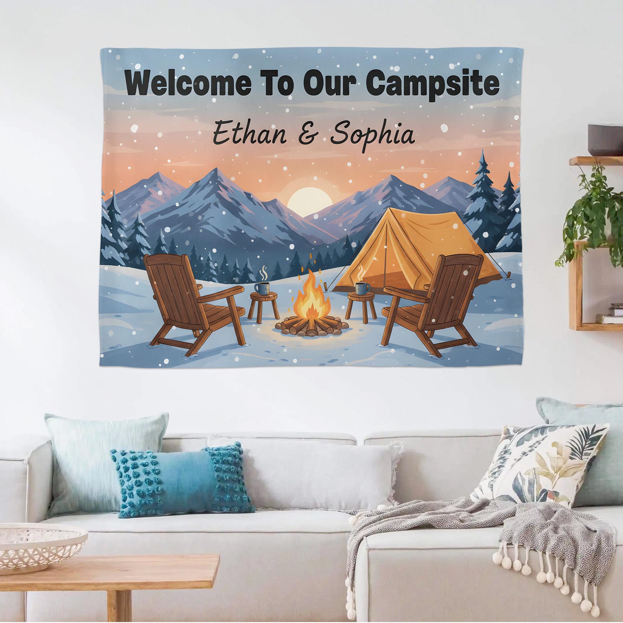 Personalized Welcome To Our Campsite Tapestry, Custom Couple Name Sign, Winter Mountain Wall Hanging, Decor for RV, Camper Gift
