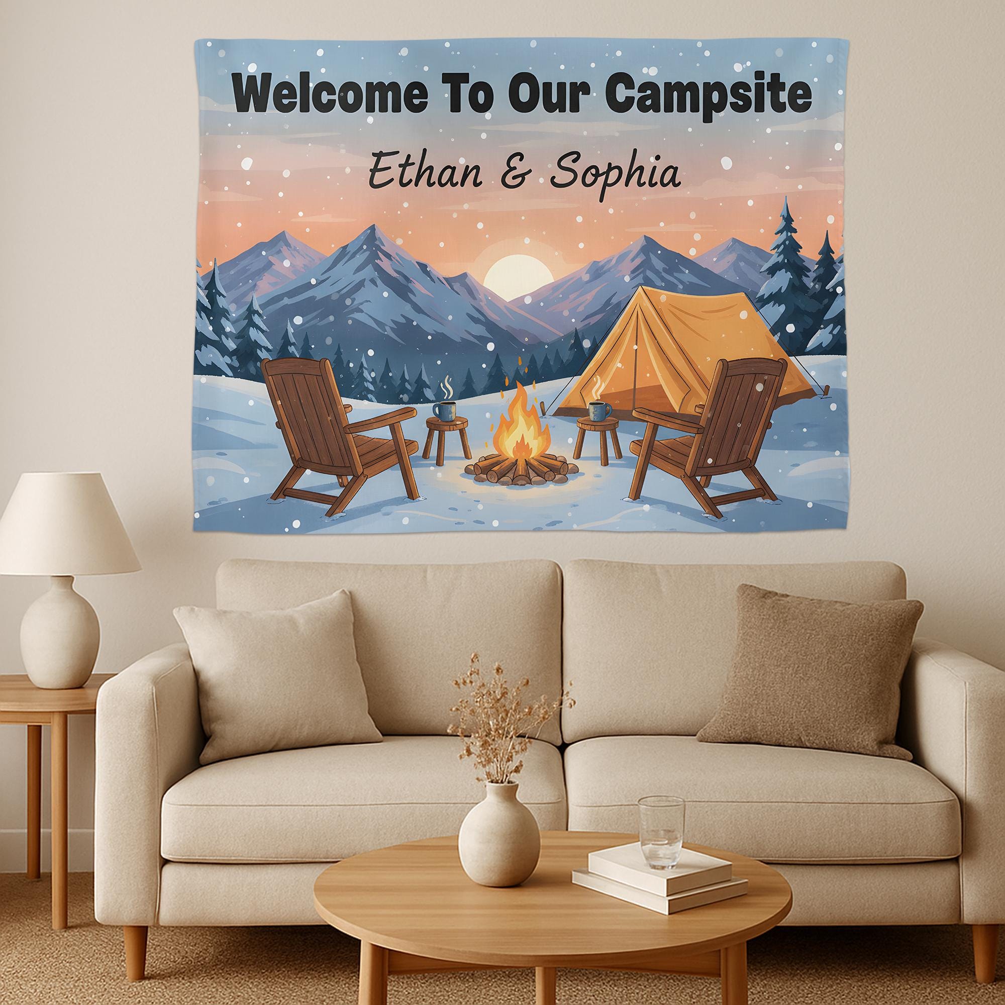Personalized Welcome To Our Campsite Tapestry, Custom Couple Name Sign, Winter Mountain Wall Hanging, Decor for RV, Camper Gift