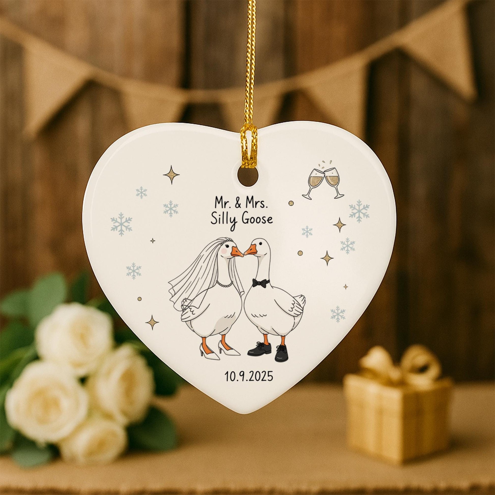 Personalized Wedding Ornament: Mr & Mrs Geese Heart Keepsake - Custom 2025