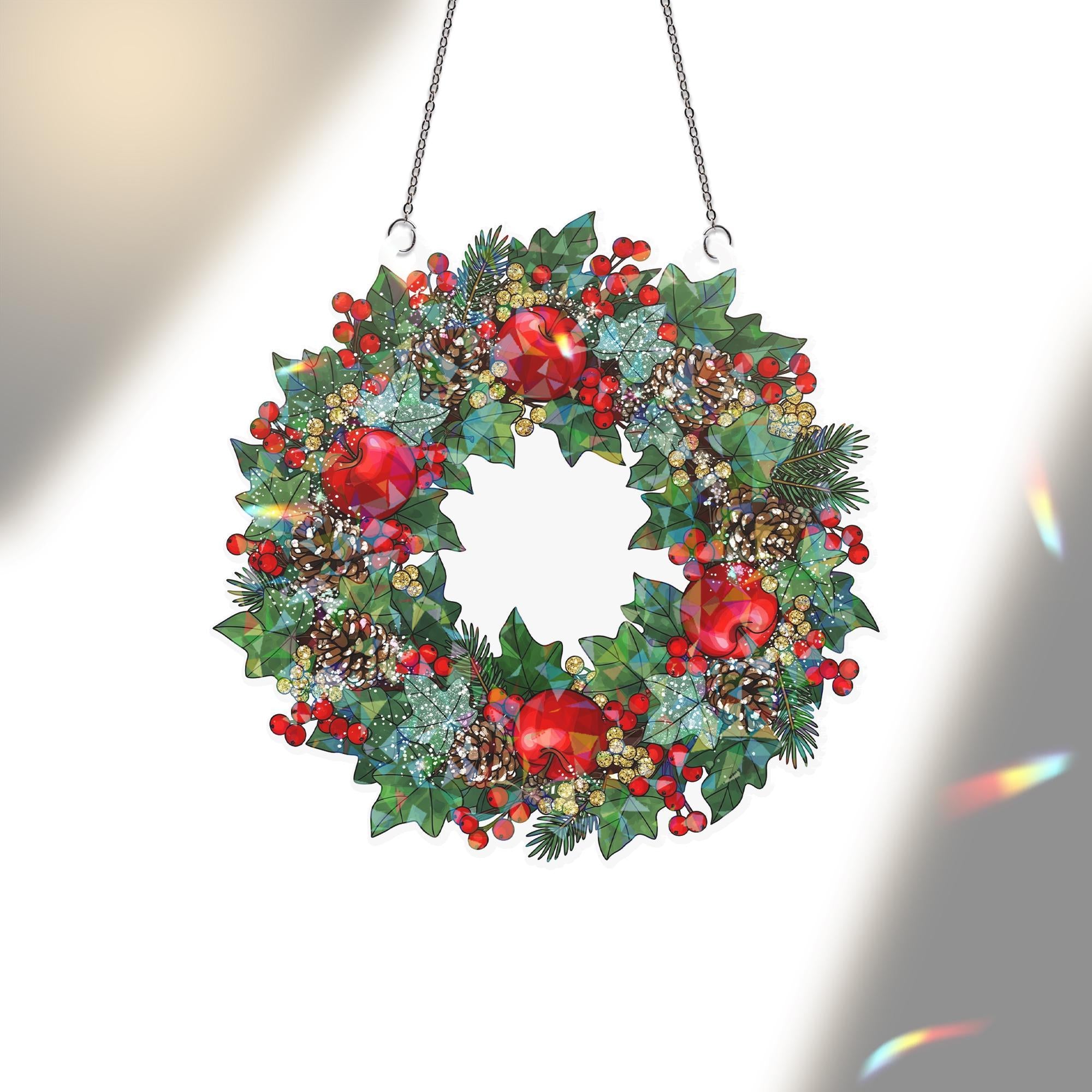 Holographic Christmas Wreath Window Hanging – Festive Holiday Sun Catcher with Holly, Pinecones & Red Ornaments