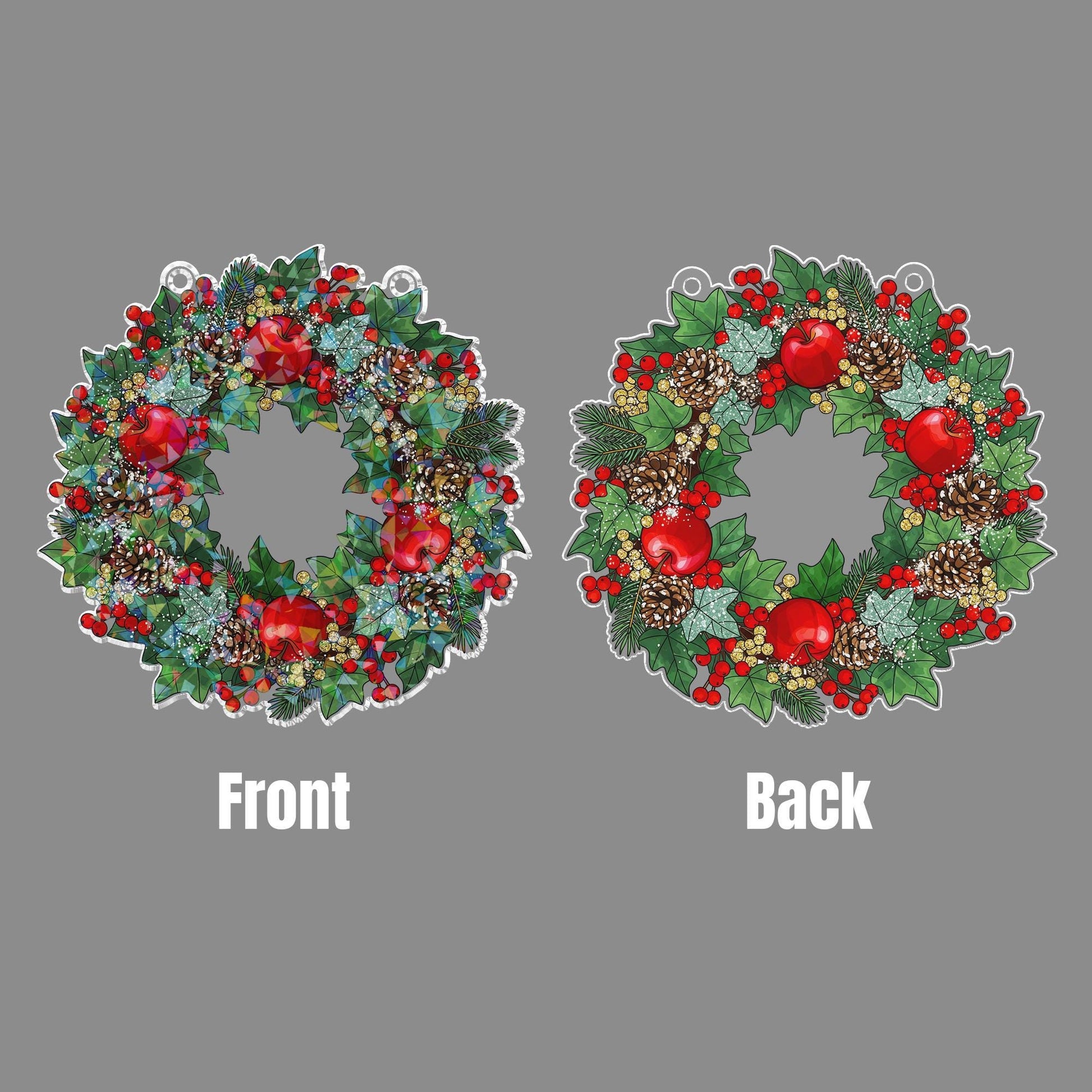 Holographic Christmas Wreath Window Hanging – Festive Holiday Sun Catcher with Holly, Pinecones & Red Ornaments