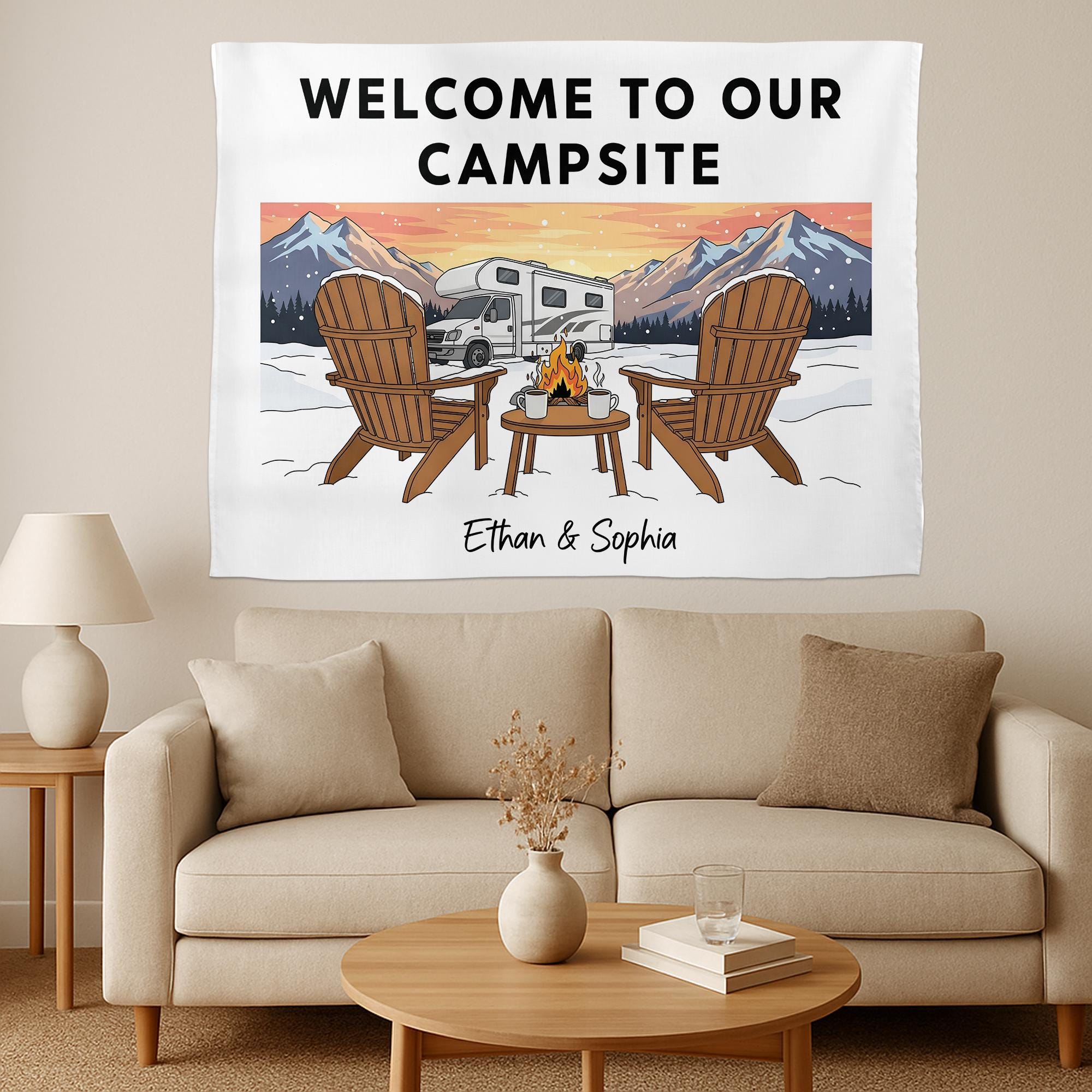 Personalized Camping Tapestry, Custom Welcome To Our Campsite Sign, RV Motorhome Wall Decor, Gift for Camper Gift, Mountain Wall Hanging