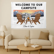 Personalized Camping Tapestry, Custom Welcome To Our Campsite Sign, RV Motorhome Wall Decor, Gift for Camper Gift, Mountain Wall Hanging