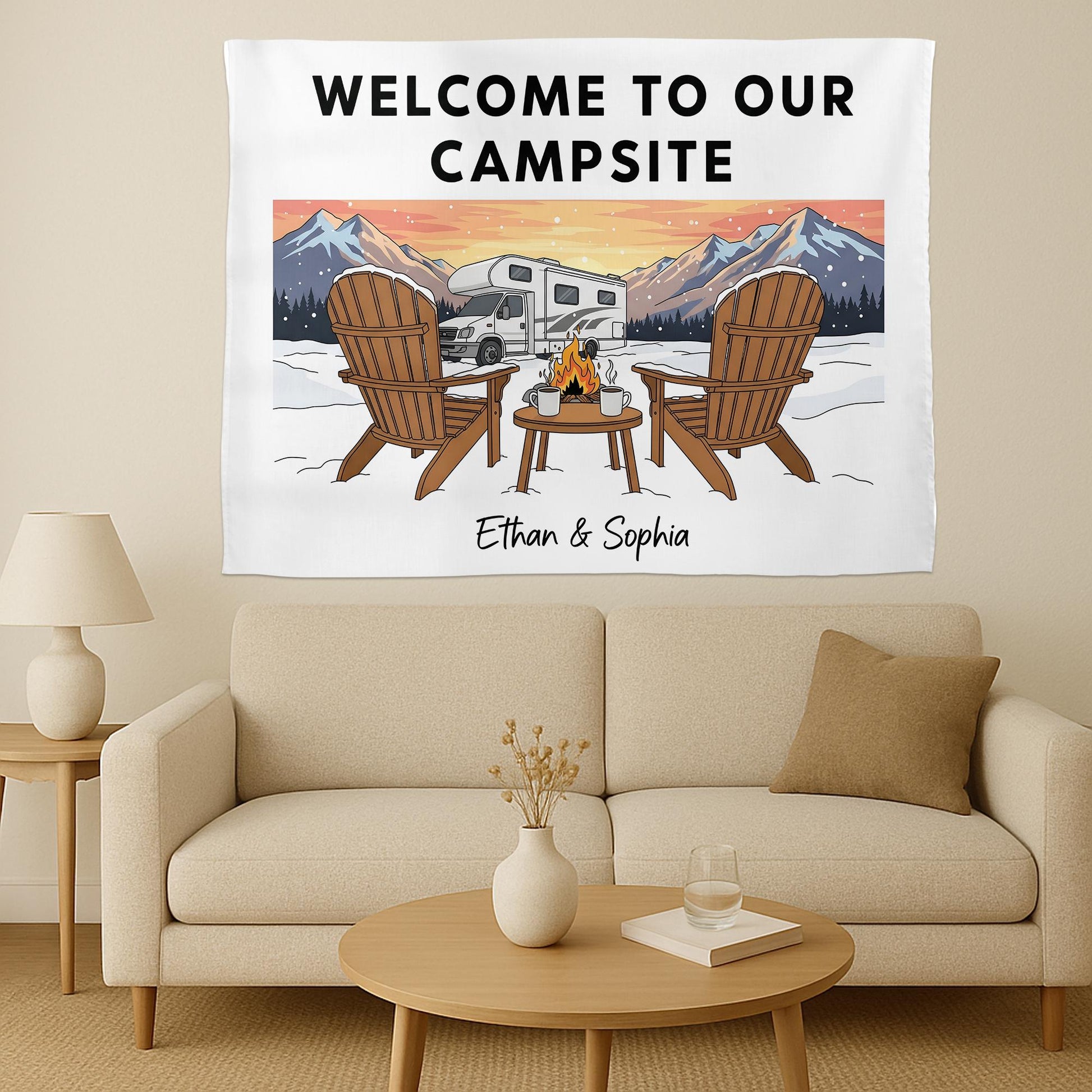 Personalized Camping Tapestry, Custom Welcome To Our Campsite Sign, RV Motorhome Wall Decor, Gift for Camper Gift, Mountain Wall Hanging