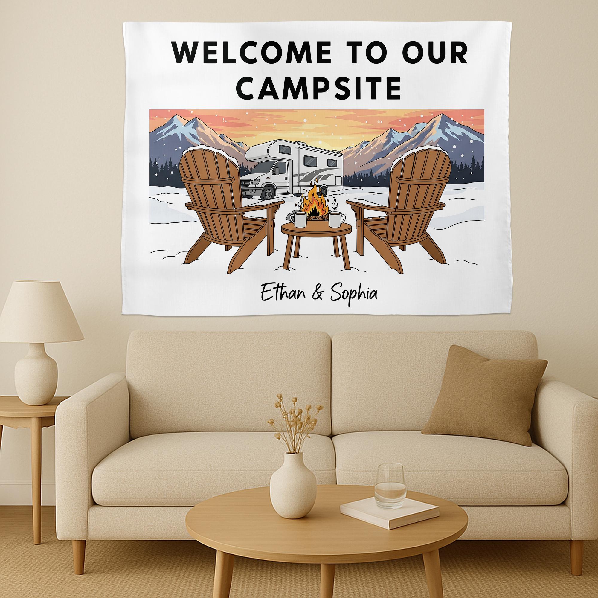 Personalized Camping Tapestry, Custom Welcome To Our Campsite Sign, RV Motorhome Wall Decor, Gift for Camper Gift, Mountain Wall Hanging