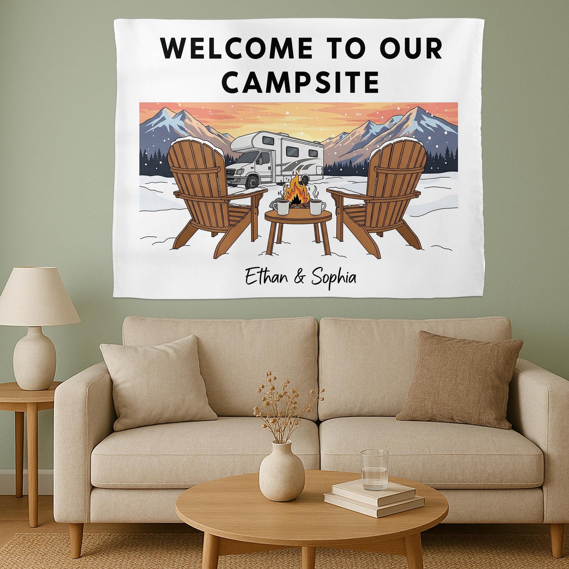 Personalized Camping Tapestry, Custom Welcome To Our Campsite Sign, RV Motorhome Wall Decor, Gift for Camper Gift, Mountain Wall Hanging