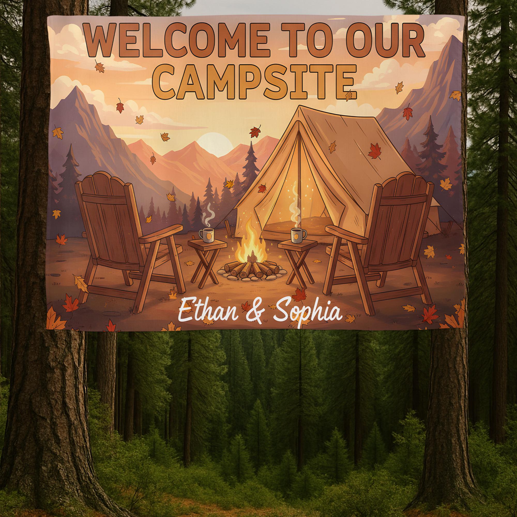 Personalized Camping Tapestry, Custom Couples Name Welcome to Our Campsite Sign, RV Decor, Camper Wall Hanging, Outdoor Lovers Gift