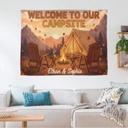 Personalized Camping Tapestry, Custom Couples Name Welcome to Our Campsite Sign, RV Decor, Camper Wall Hanging, Outdoor Lovers Gift