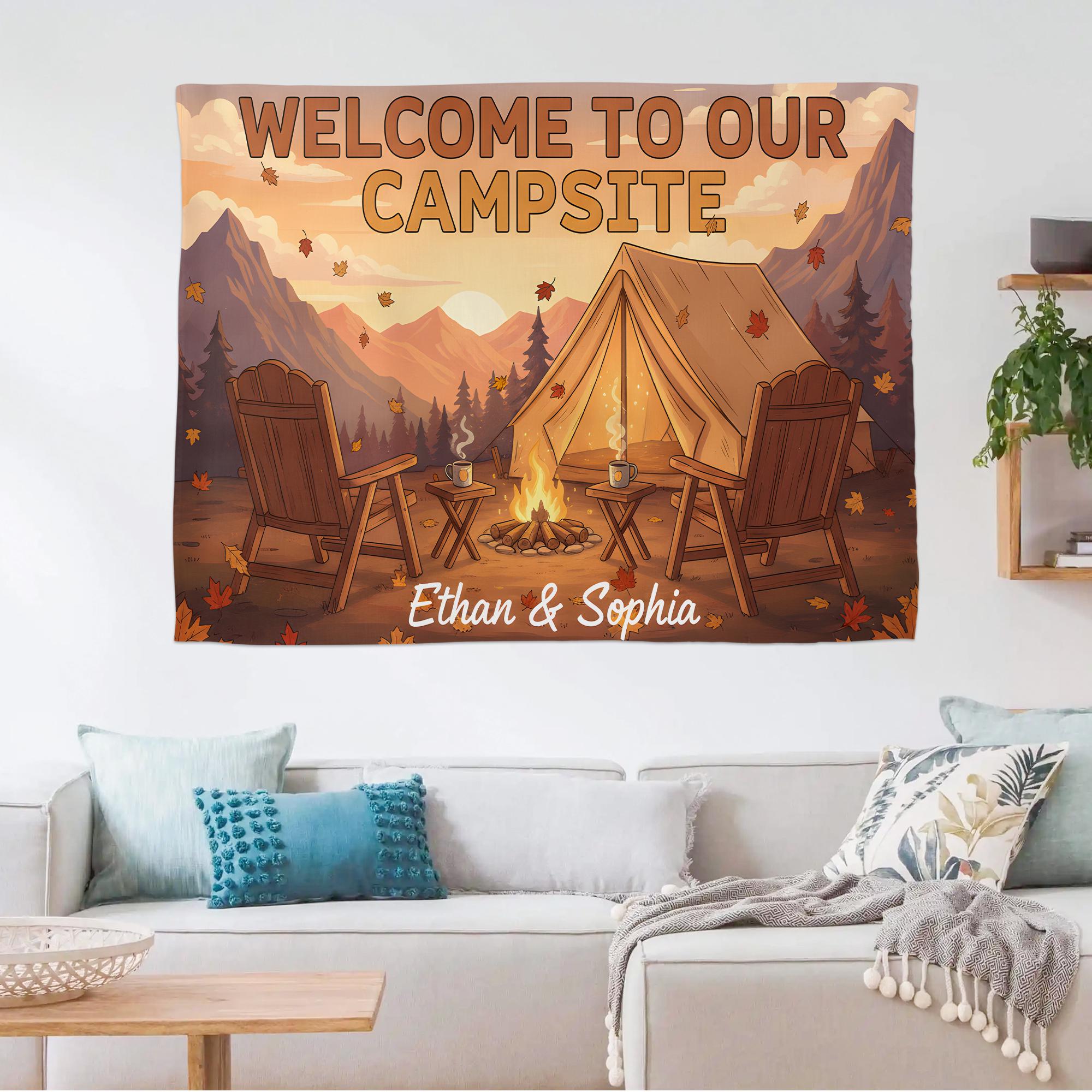 Personalized Camping Tapestry, Custom Couples Name Welcome to Our Campsite Sign, RV Decor, Camper Wall Hanging, Outdoor Lovers Gift