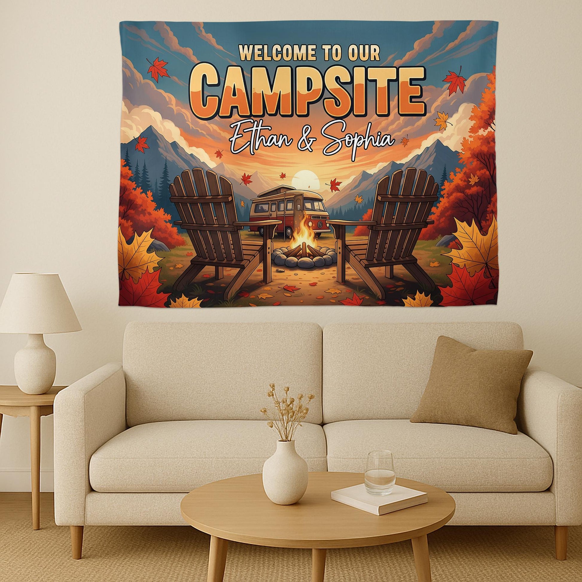Personalized Welcome to Our Campsite Tapestry, Custom Couple Names Sign, RV Camper Decor, Fall Camping Wall Hanging, Outdoor Lover Gift