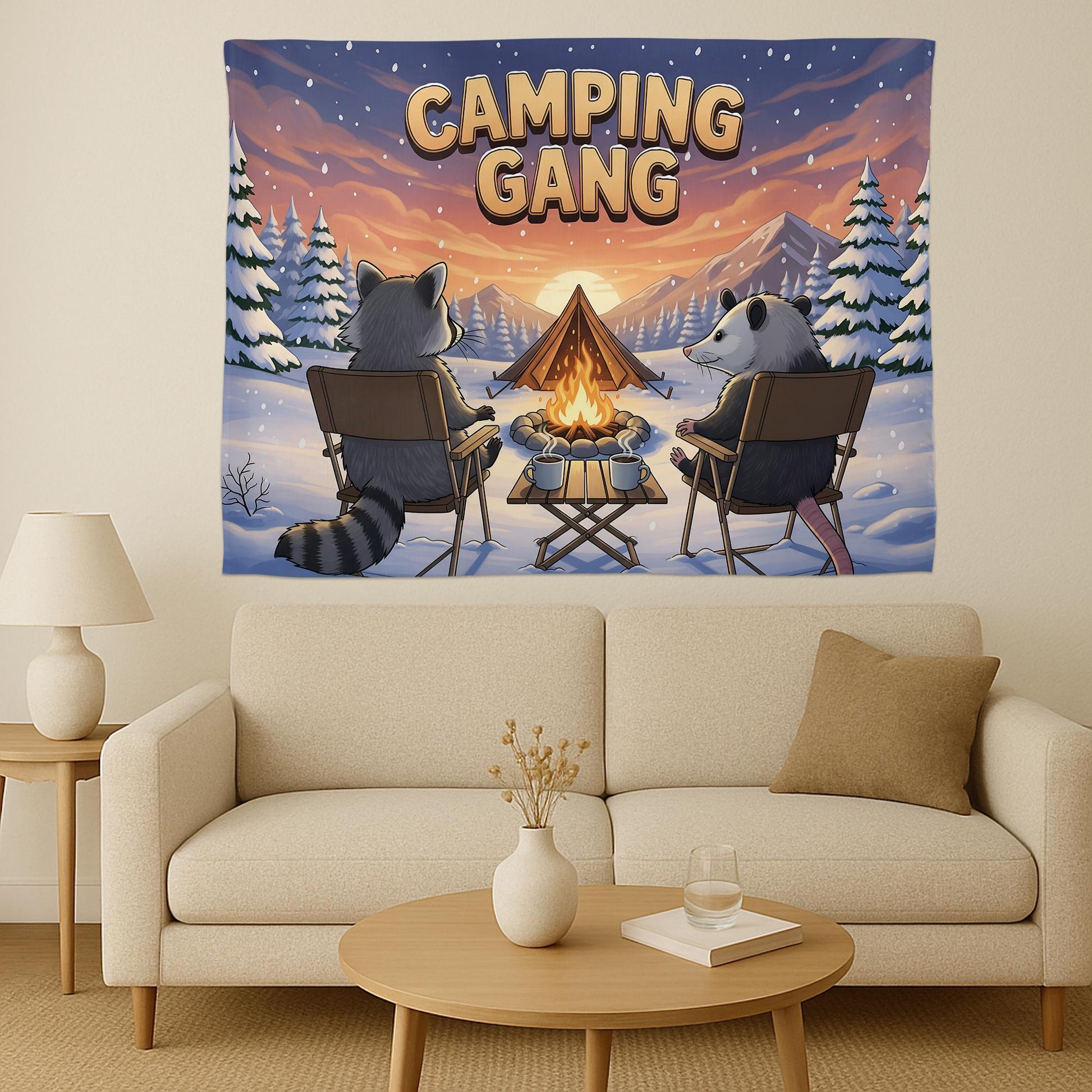 Camping Gang Tapestry, Funny Raccoon and Possum Wall Art, Cozy Winter Campfire Wall Hanging, Cute Woodland Animal Cabin Decor