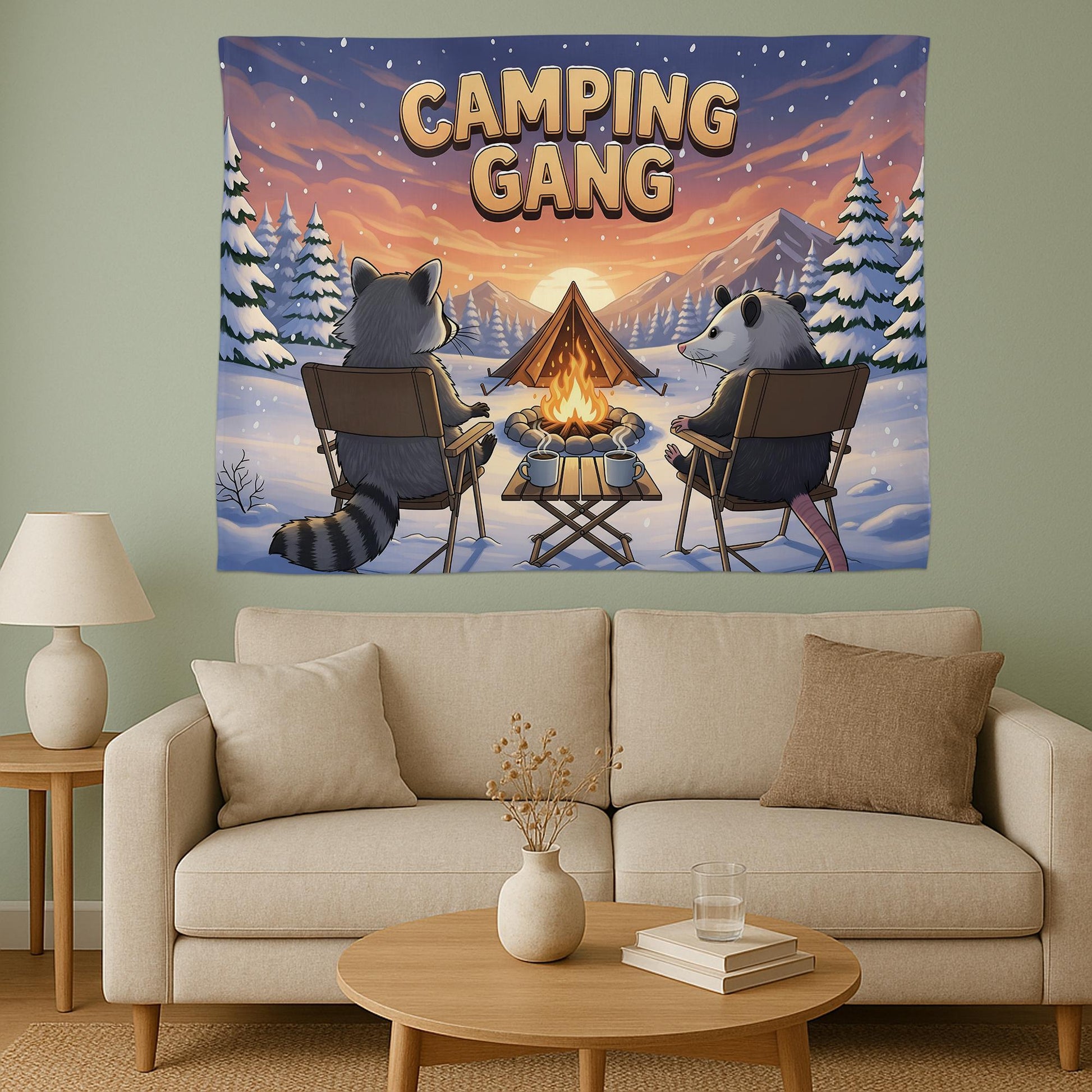 Camping Gang Tapestry, Funny Raccoon and Possum Wall Art, Cozy Winter Campfire Wall Hanging, Cute Woodland Animal Cabin Decor