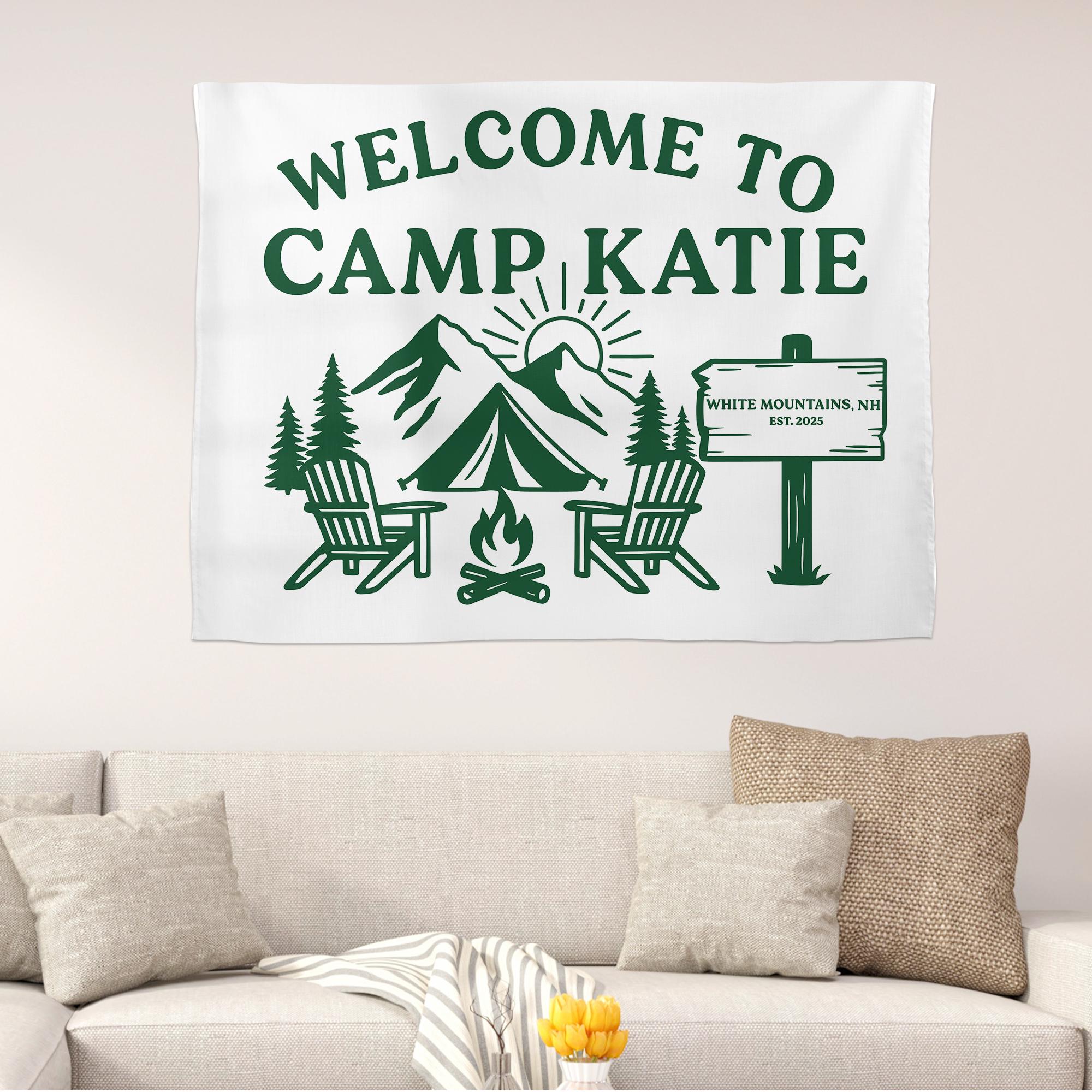 Personalized Camp Welcome Tapestry, Custom Name Banner, Mountain Bachelorette Party Decor, Camping Theme Wall Hanging, Family Reunion Gift