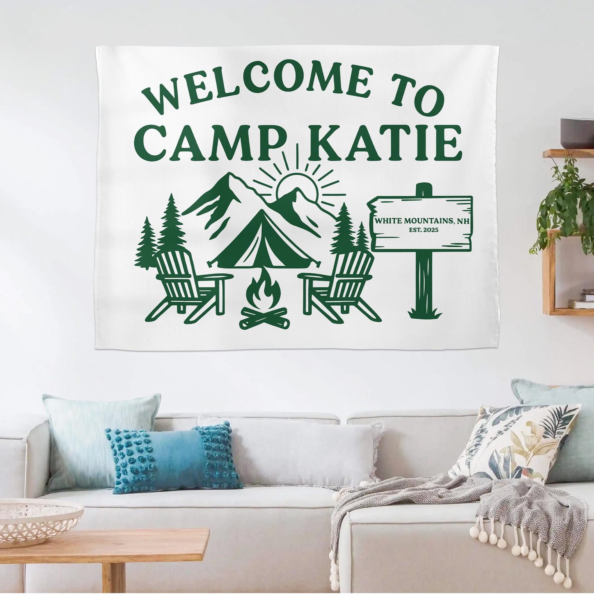 Personalized Camp Welcome Tapestry, Custom Name Banner, Mountain Bachelorette Party Decor, Camping Theme Wall Hanging, Family Reunion Gift