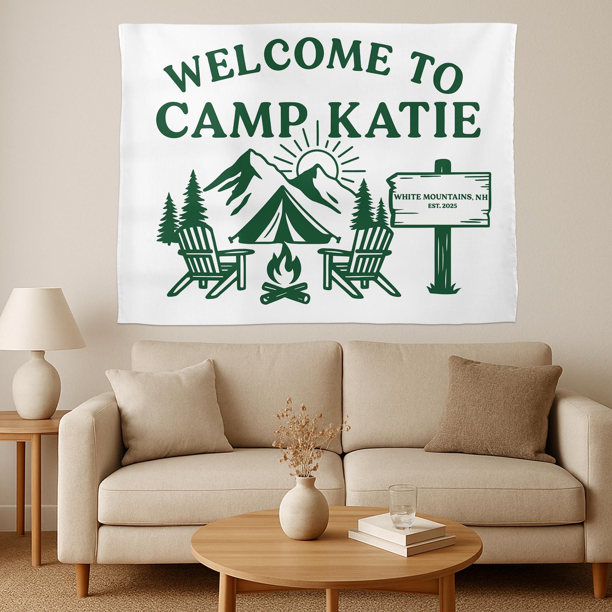 Personalized Camp Welcome Tapestry, Custom Name Banner, Mountain Bachelorette Party Decor, Camping Theme Wall Hanging, Family Reunion Gift