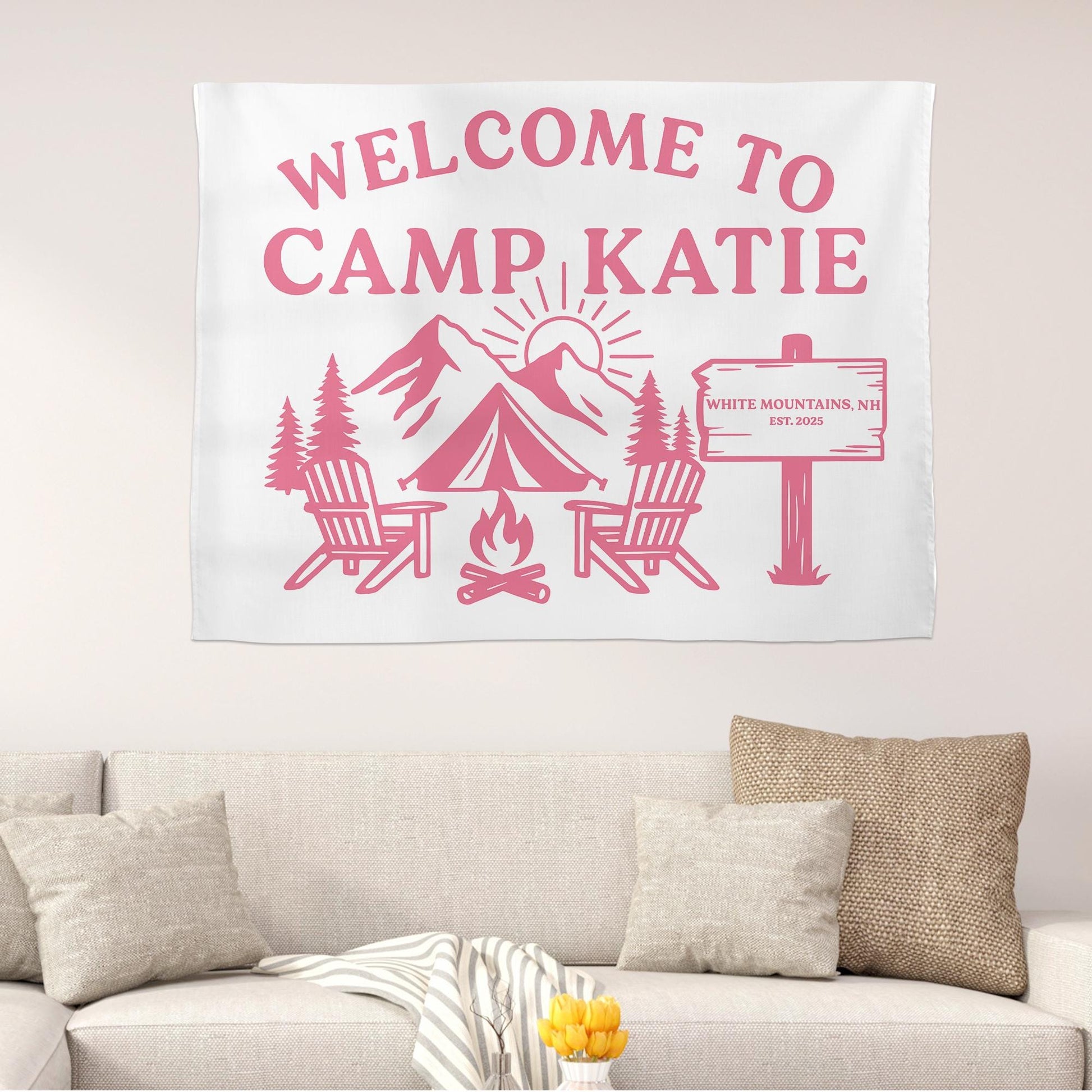 Personalized Camp Welcome Tapestry, Custom Name Banner, Mountain Bachelorette Party Decor, Camping Theme Wall Hanging, Family Reunion Gift