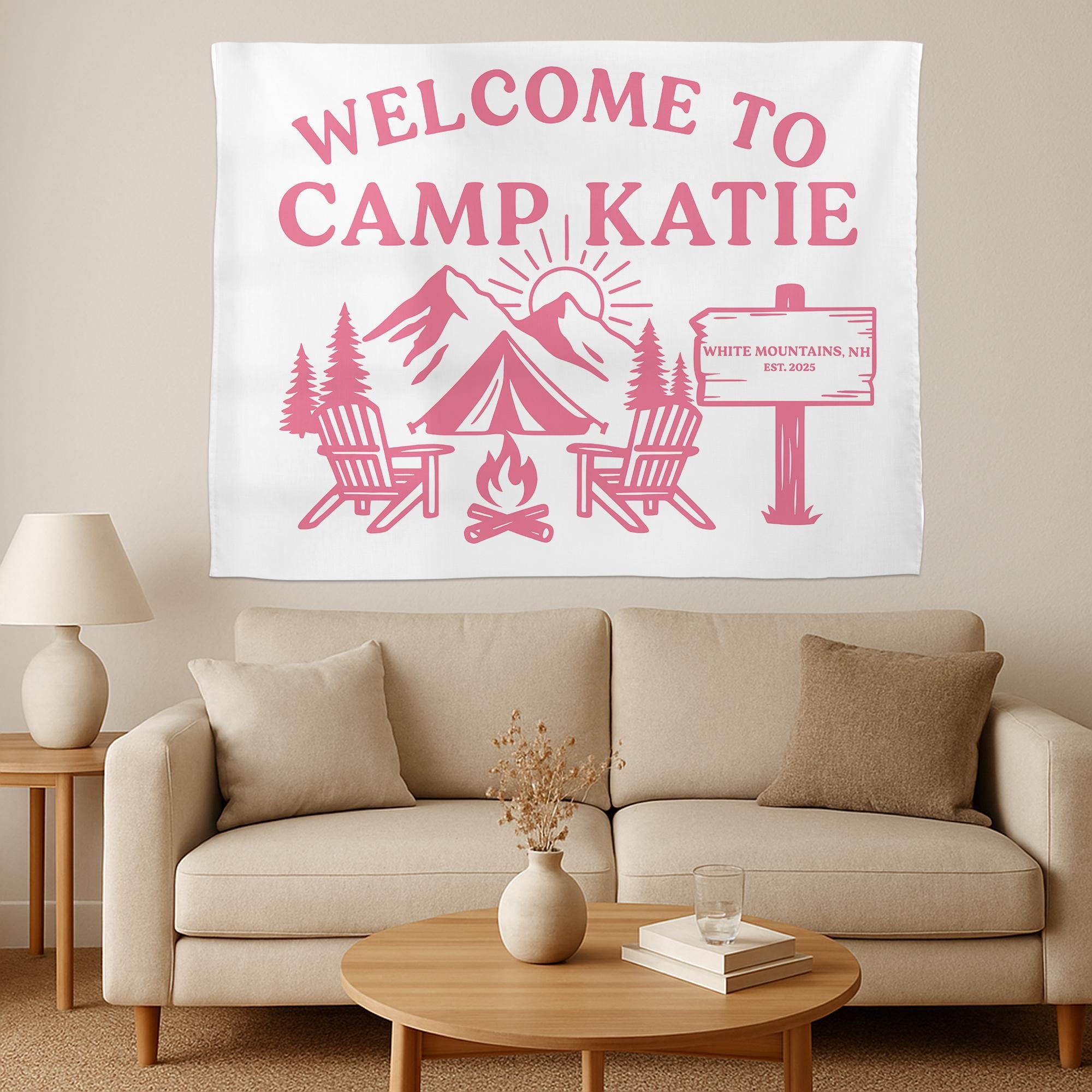 Personalized Camp Welcome Tapestry, Custom Name Banner, Mountain Bachelorette Party Decor, Camping Theme Wall Hanging, Family Reunion Gift