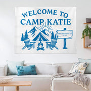 Personalized Camp Welcome Tapestry, Custom Name Banner, Mountain Bachelorette Party Decor, Camping Theme Wall Hanging, Family Reunion Gift