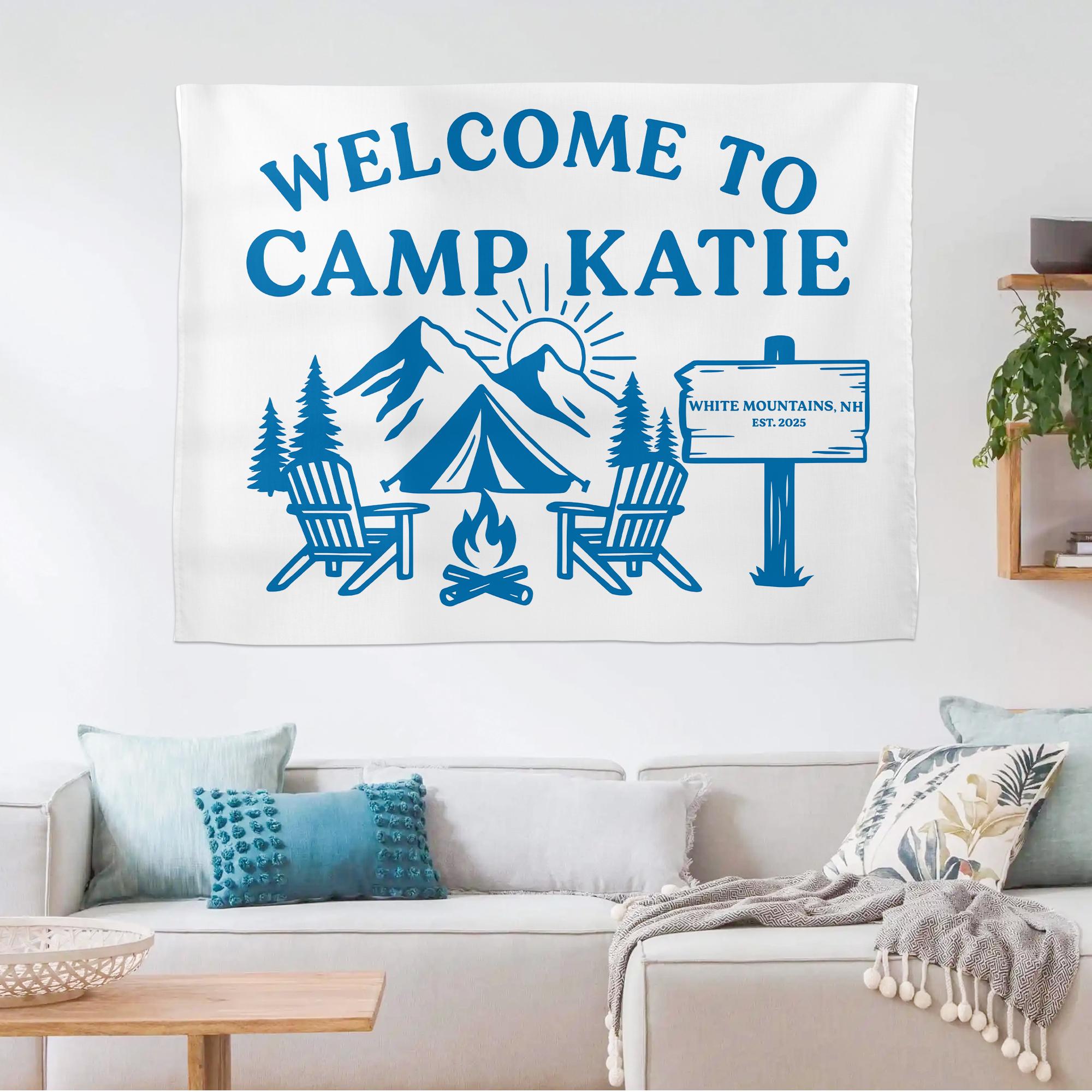Personalized Camp Welcome Tapestry, Custom Name Banner, Mountain Bachelorette Party Decor, Camping Theme Wall Hanging, Family Reunion Gift