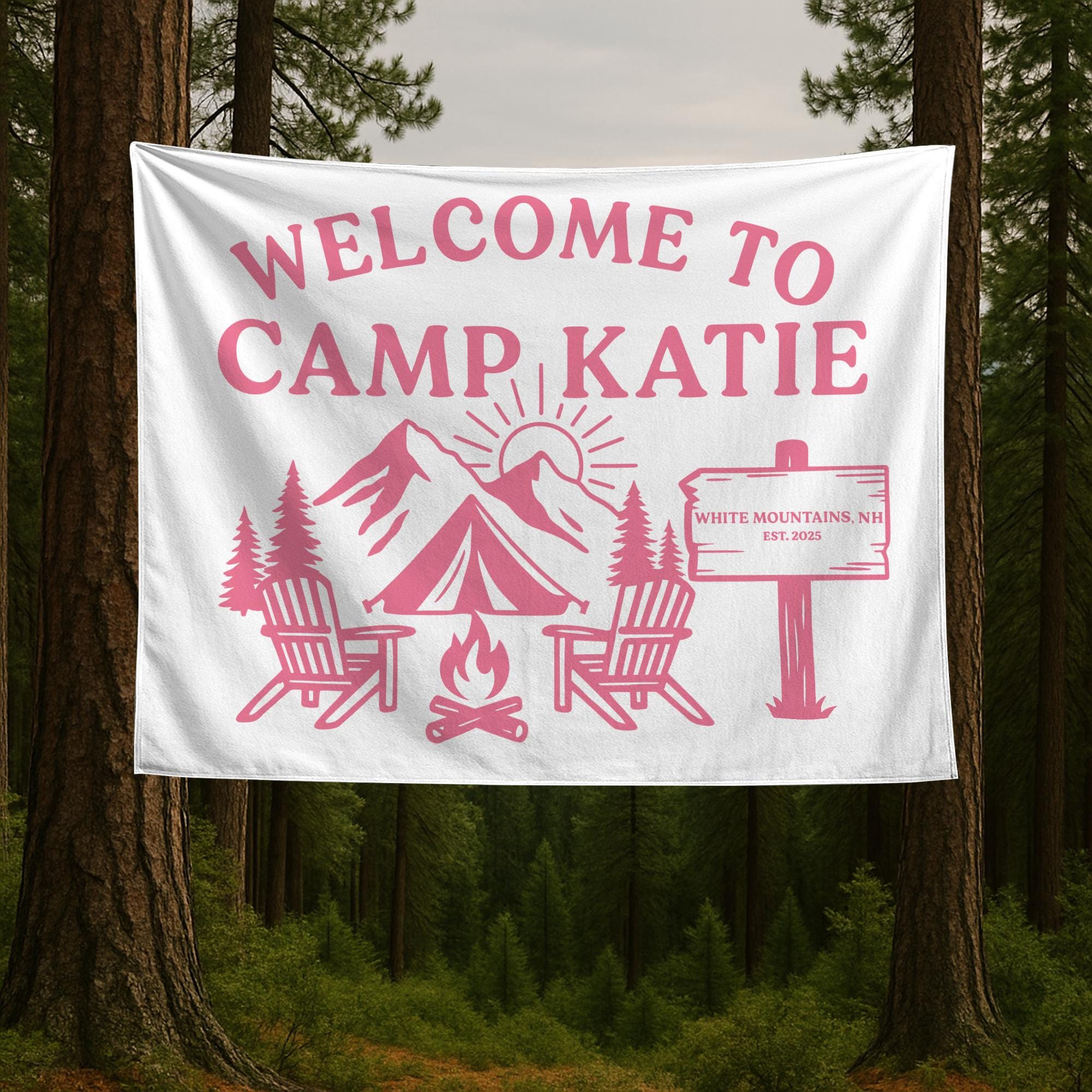 Personalized Camp Welcome Tapestry, Custom Name Banner, Mountain Bachelorette Party Decor, Camping Theme Wall Hanging, Family Reunion Gift