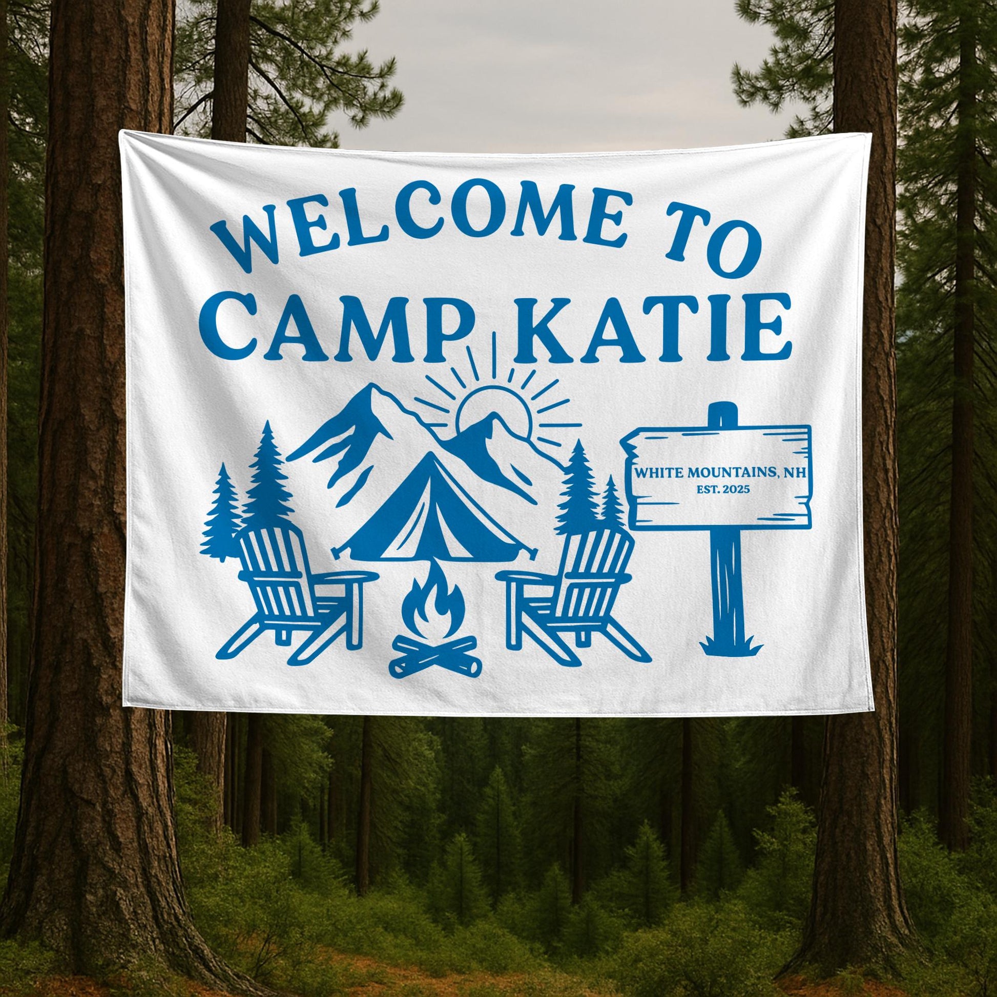 Personalized Camp Welcome Tapestry, Custom Name Banner, Mountain Bachelorette Party Decor, Camping Theme Wall Hanging, Family Reunion Gift
