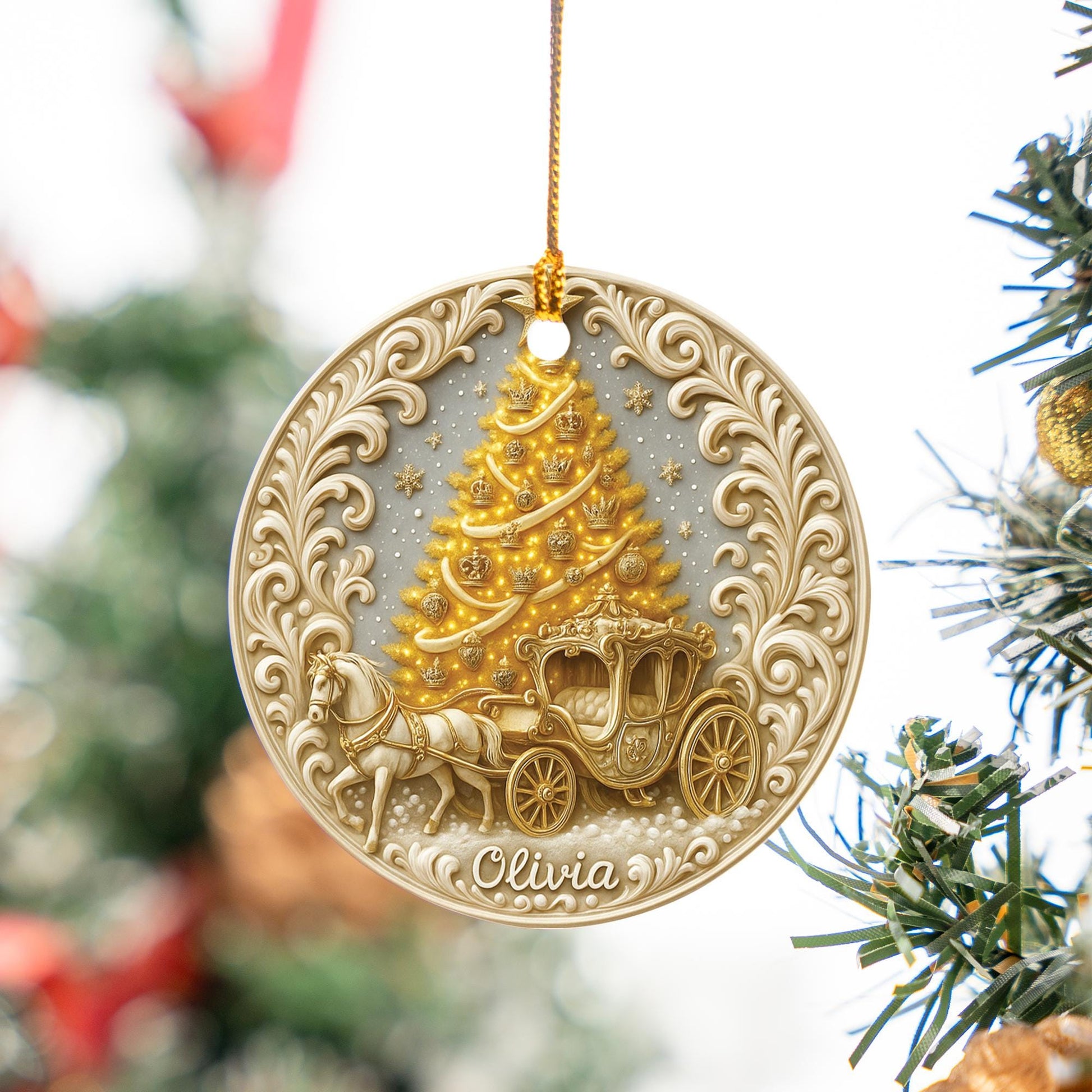 Personalized Princess Carriage Christmas Ornament – Custom Name Holiday Keepsake with Golden Tree, Fairytale Ornament Gift