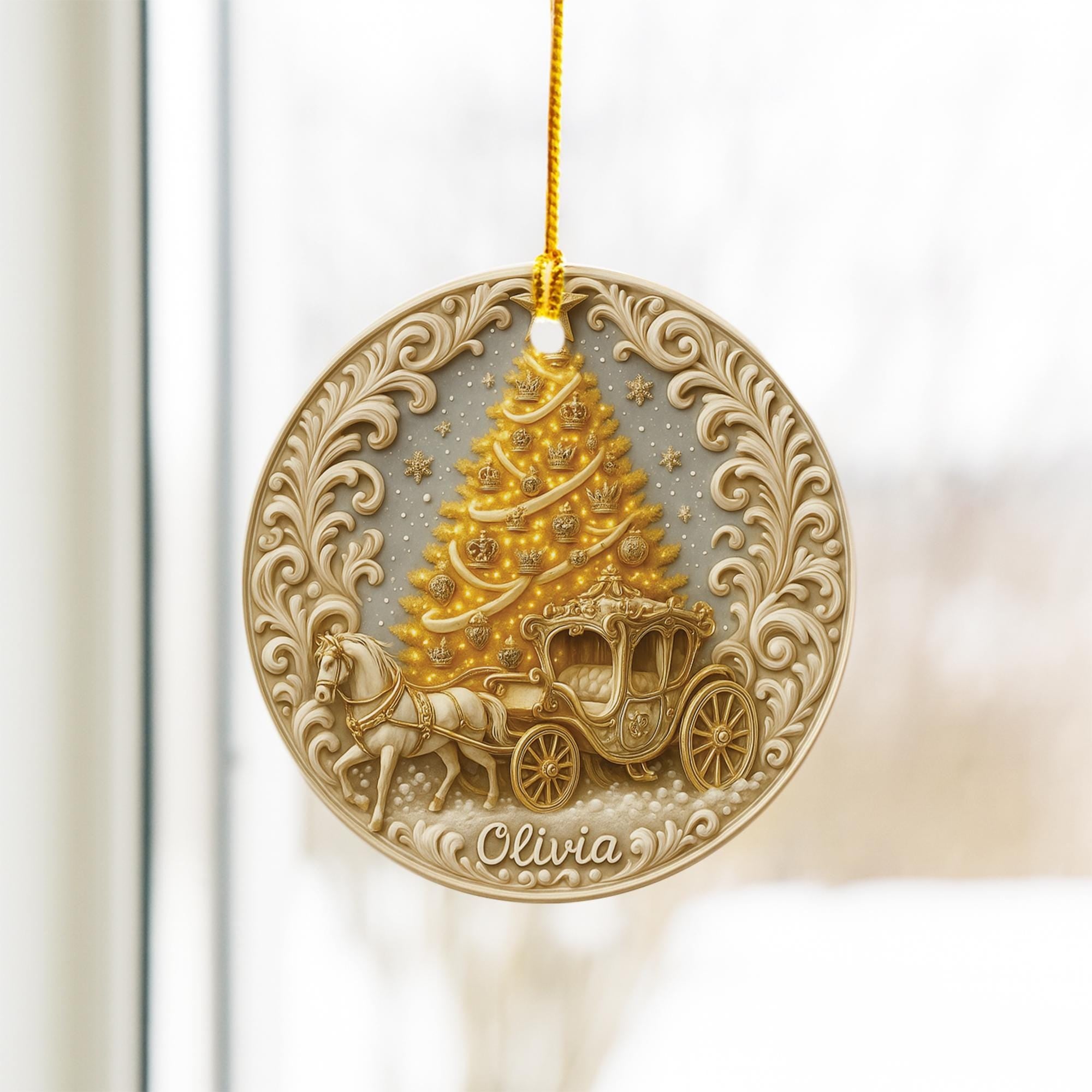 Personalized Princess Carriage Christmas Ornament – Custom Name Holiday Keepsake with Golden Tree, Fairytale Ornament Gift