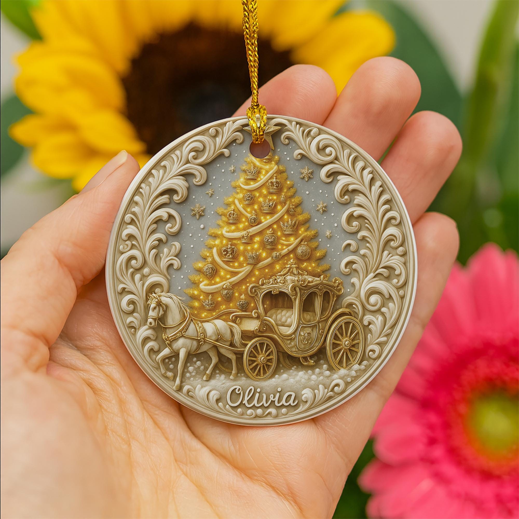 Personalized Princess Carriage Christmas Ornament – Custom Name Holiday Keepsake with Golden Tree, Fairytale Ornament Gift