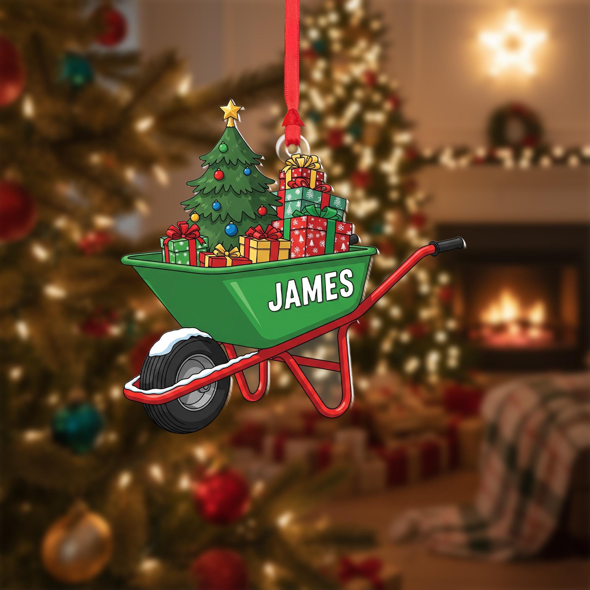 Personalized Wheelbarrow Christmas Ornament – Custom Name Holiday Gift with Tree & Presents, Unique Christmas Keepsake