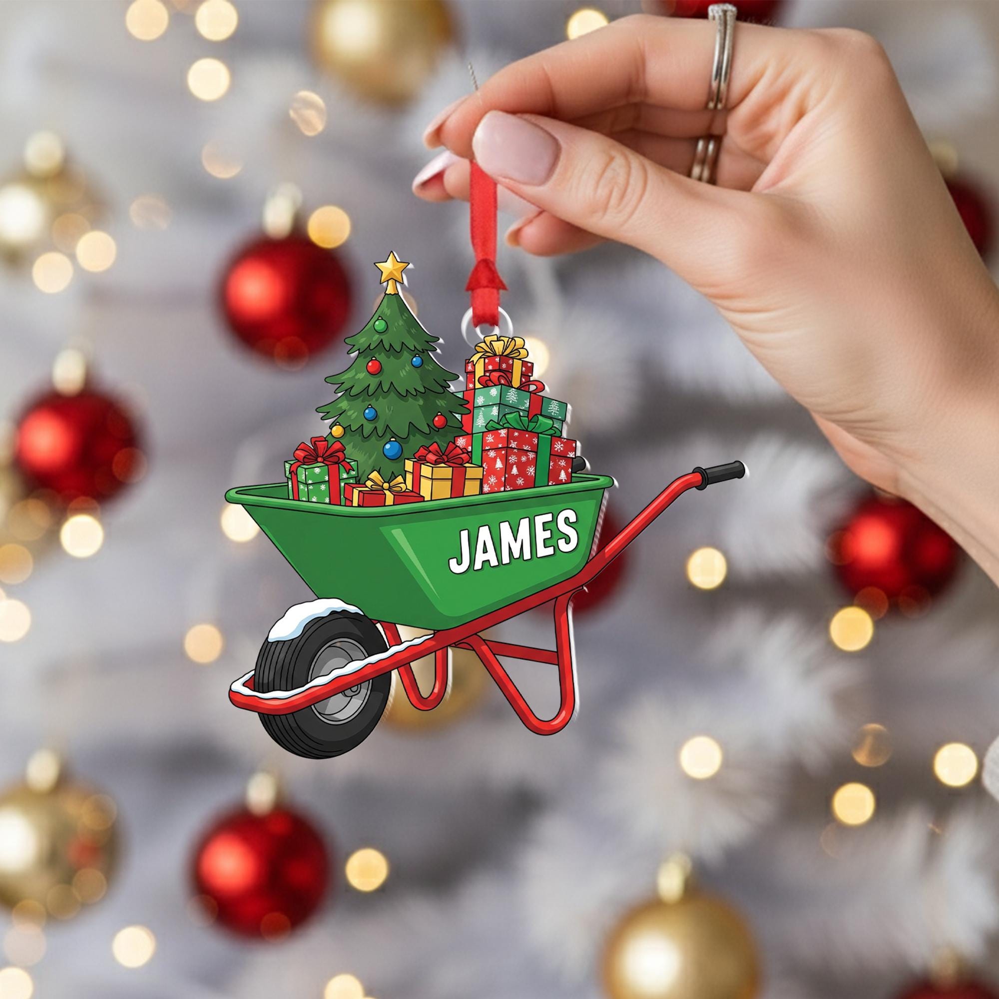 Personalized Wheelbarrow Christmas Ornament – Custom Name Holiday Gift with Tree & Presents, Unique Christmas Keepsake