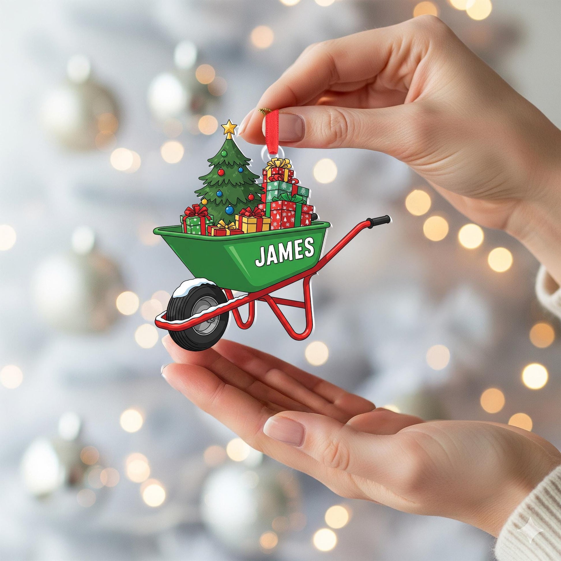 Personalized Wheelbarrow Christmas Ornament – Custom Name Holiday Gift with Tree & Presents, Unique Christmas Keepsake