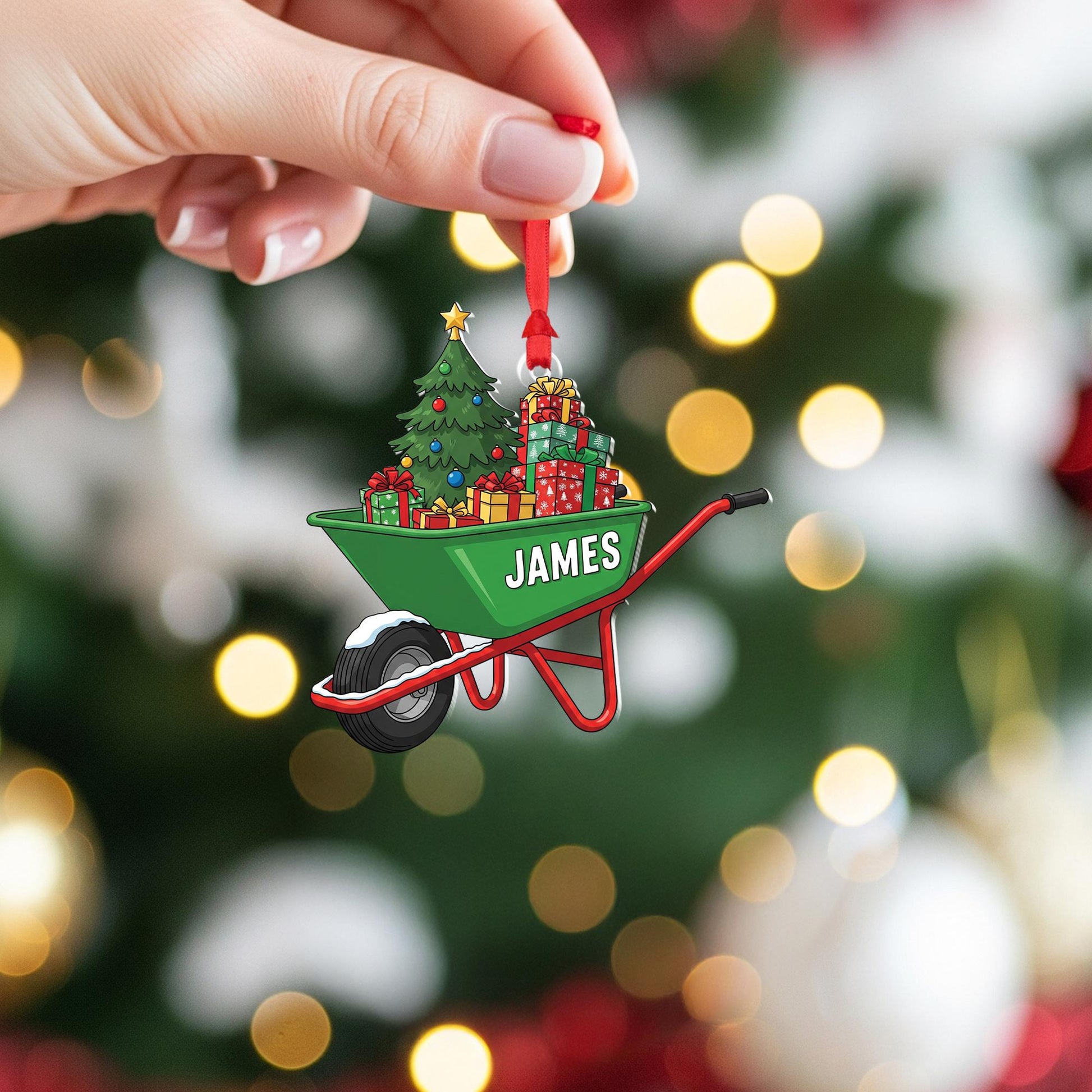 Personalized Wheelbarrow Christmas Ornament – Custom Name Holiday Gift with Tree & Presents, Unique Christmas Keepsake