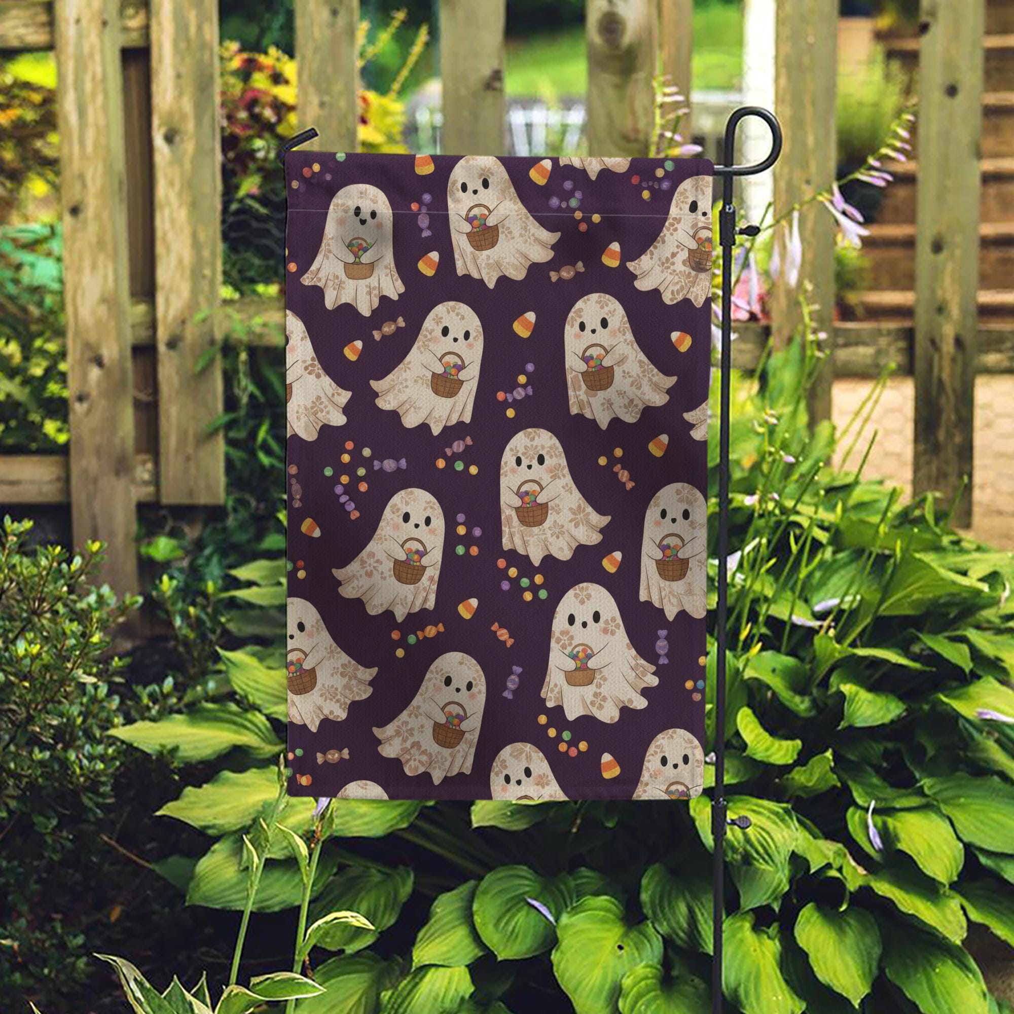 Halloween Ghost Garden Flag – Cute Trick or Treat Ghosts with Candy, Outdoor Yard Decoration