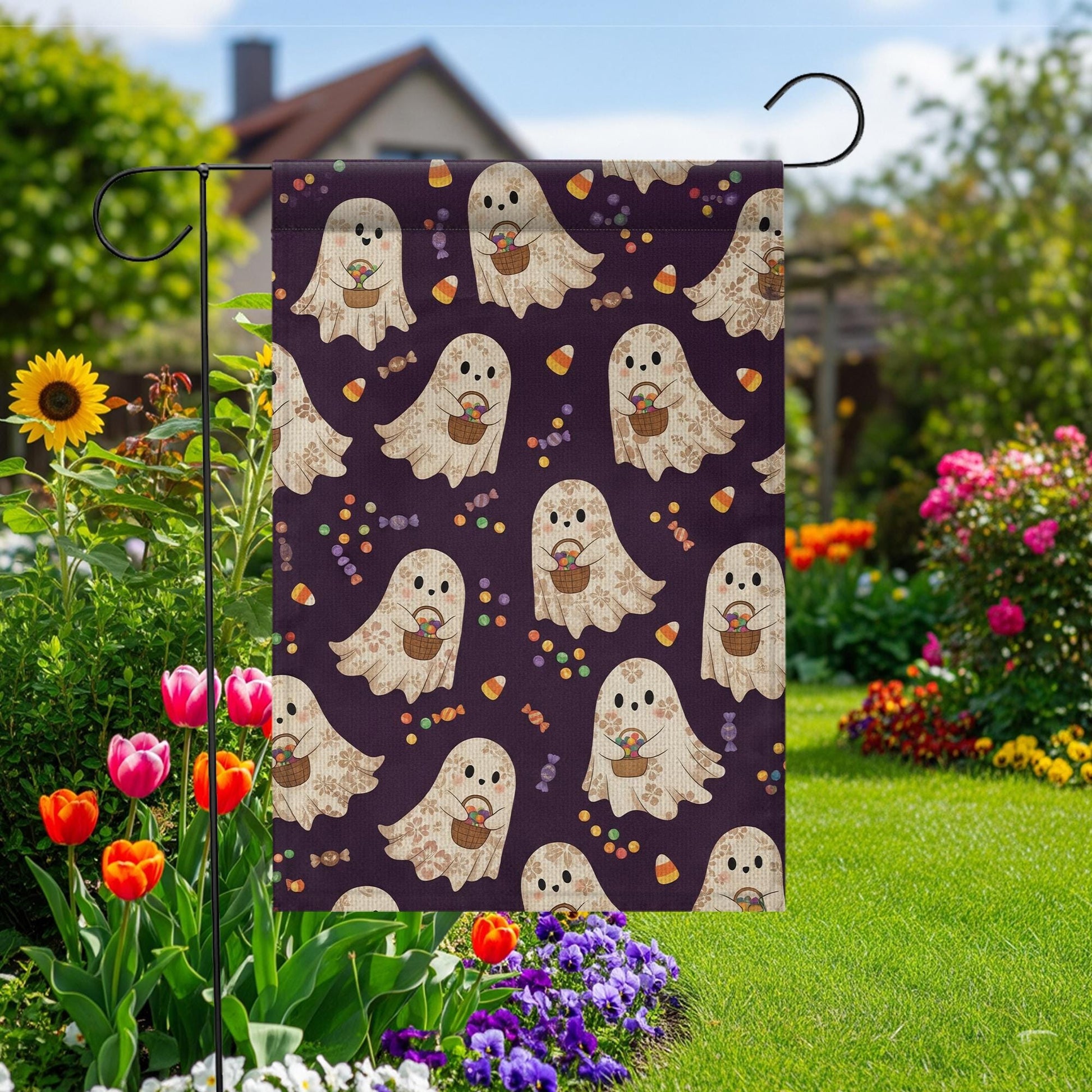 Halloween Ghost Garden Flag – Cute Trick or Treat Ghosts with Candy, Outdoor Yard Decoration