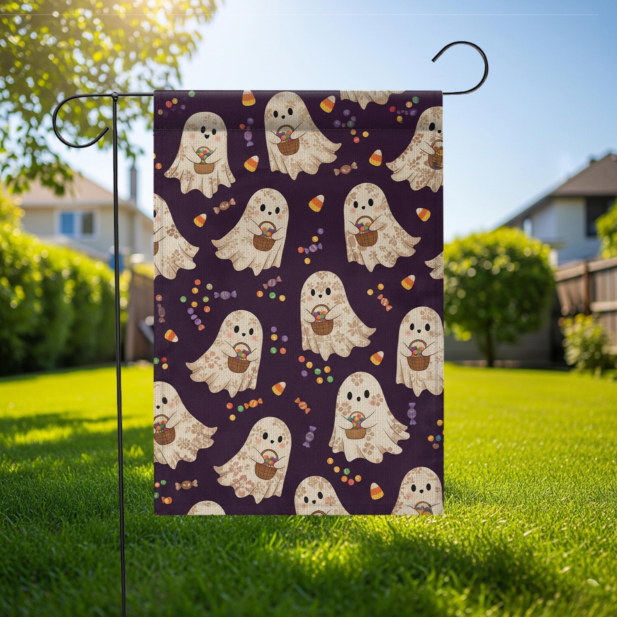 Halloween Ghost Garden Flag – Cute Trick or Treat Ghosts with Candy, Outdoor Yard Decoration