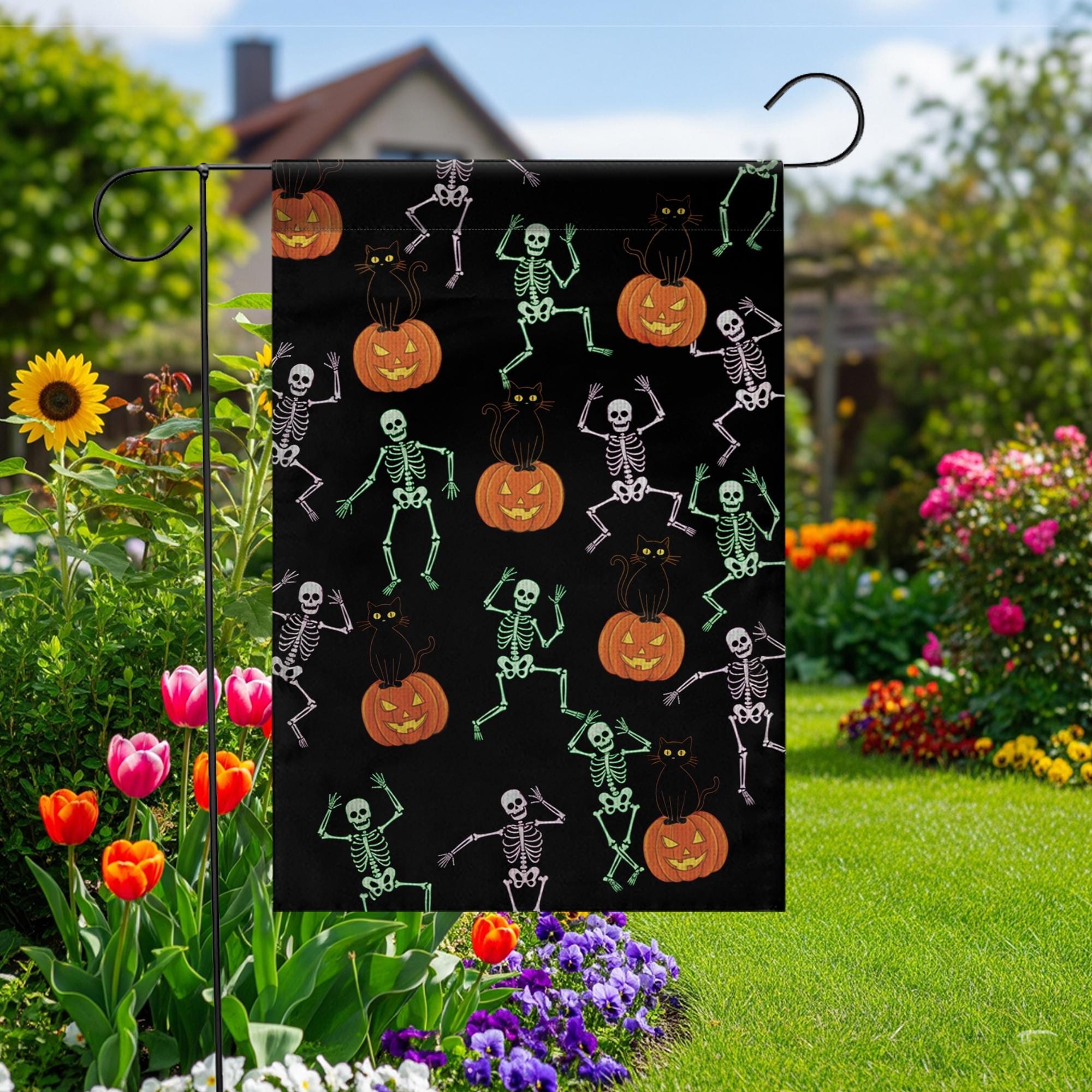 Halloween Garden Flag – Dancing Skeletons, Black Cats & Pumpkins Outdoor Yard Decoration