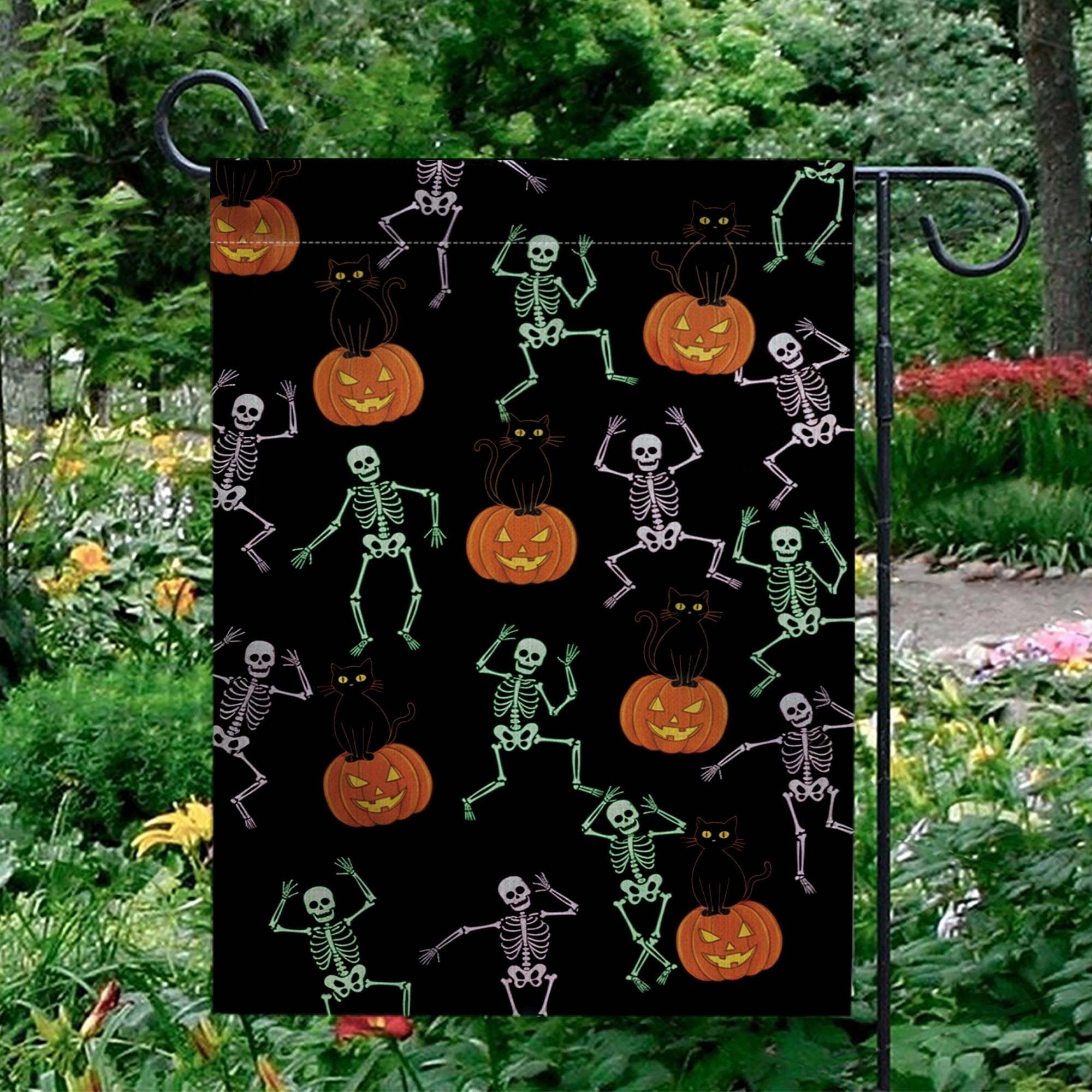 Halloween Garden Flag – Dancing Skeletons, Black Cats & Pumpkins Outdoor Yard Decoration